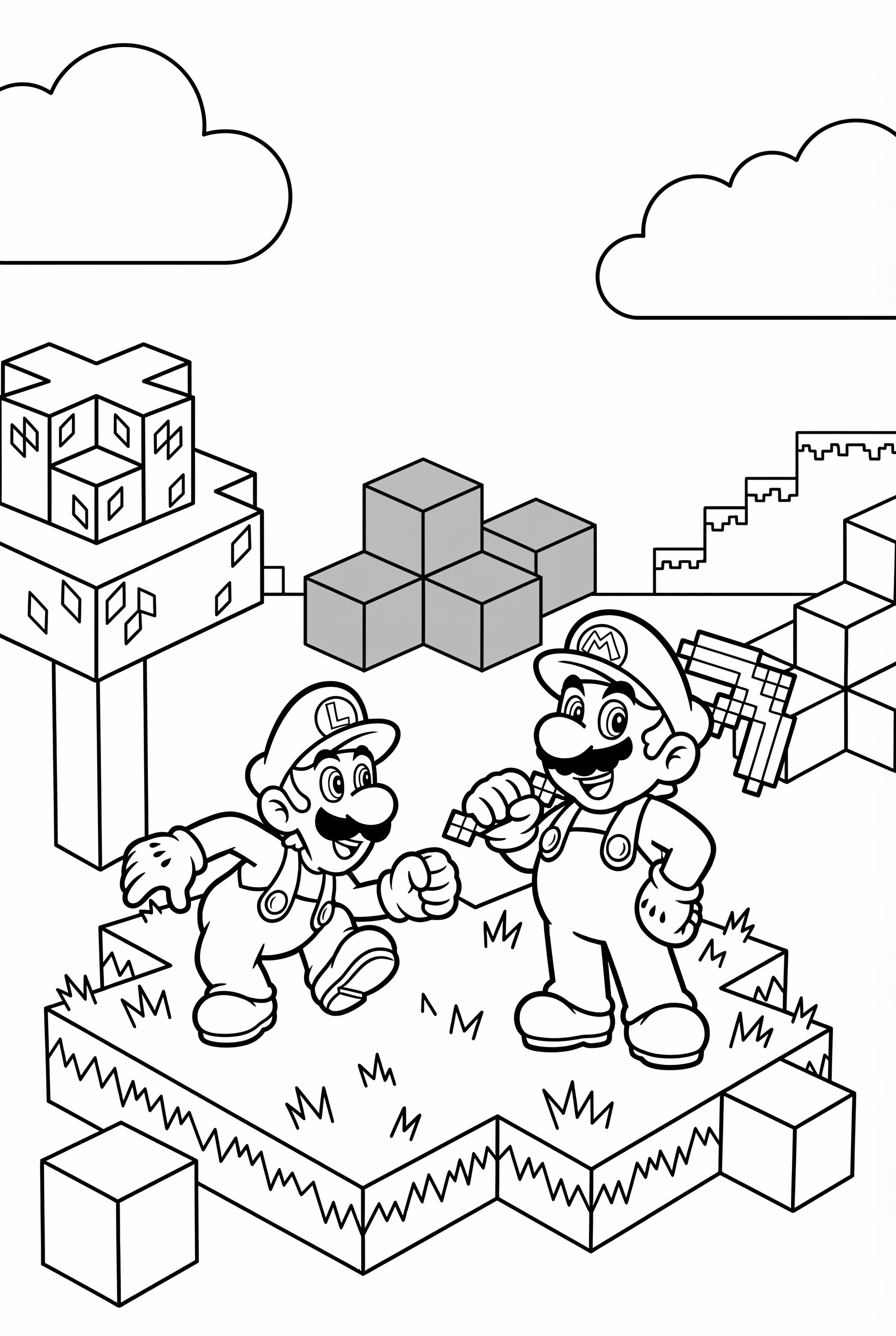 Mario and Luigi Playing in a Minecraft-Inspired World