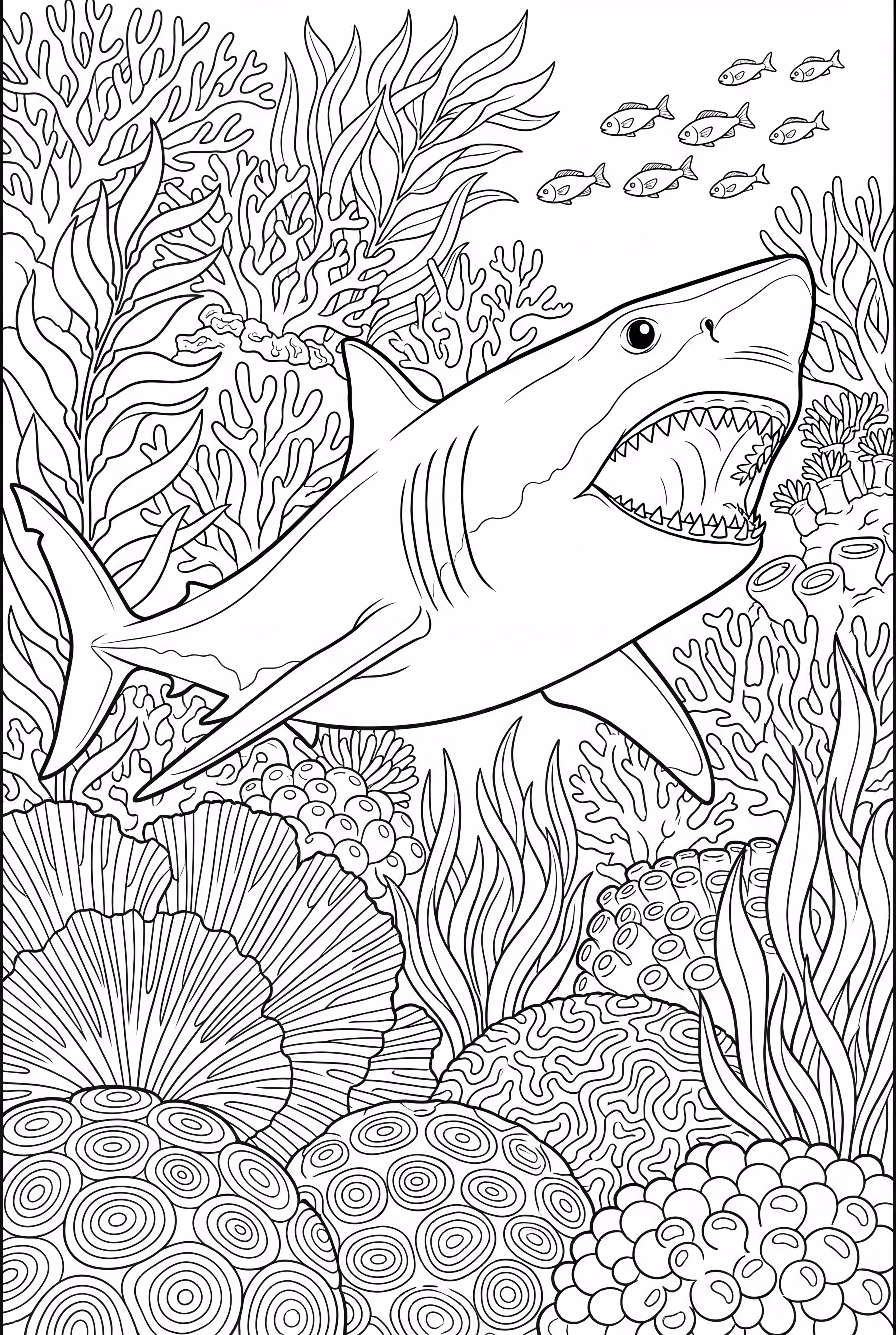 浓密珊瑚礁中的巨齿鲨