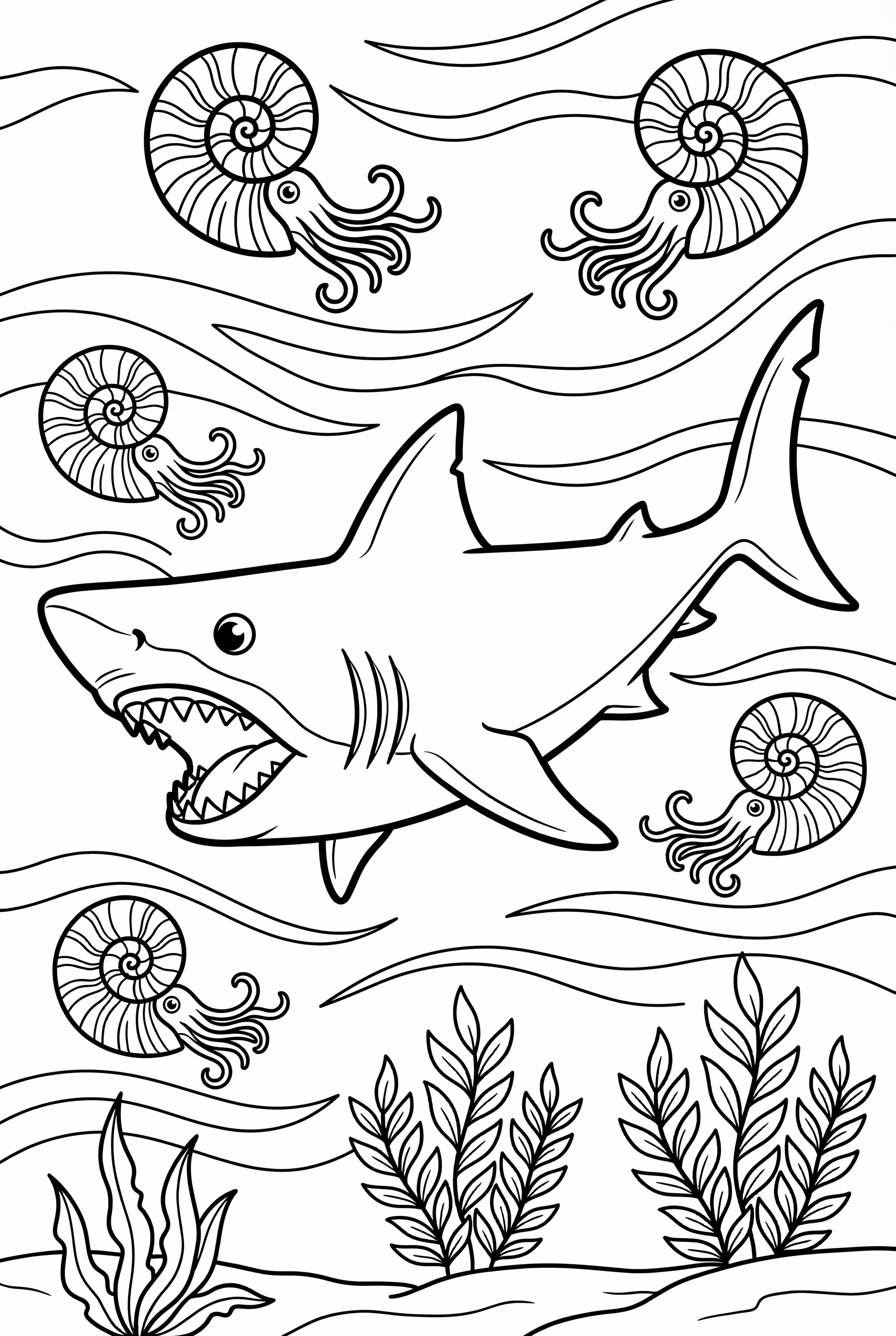 Megalodon Surrounded by Ammonites