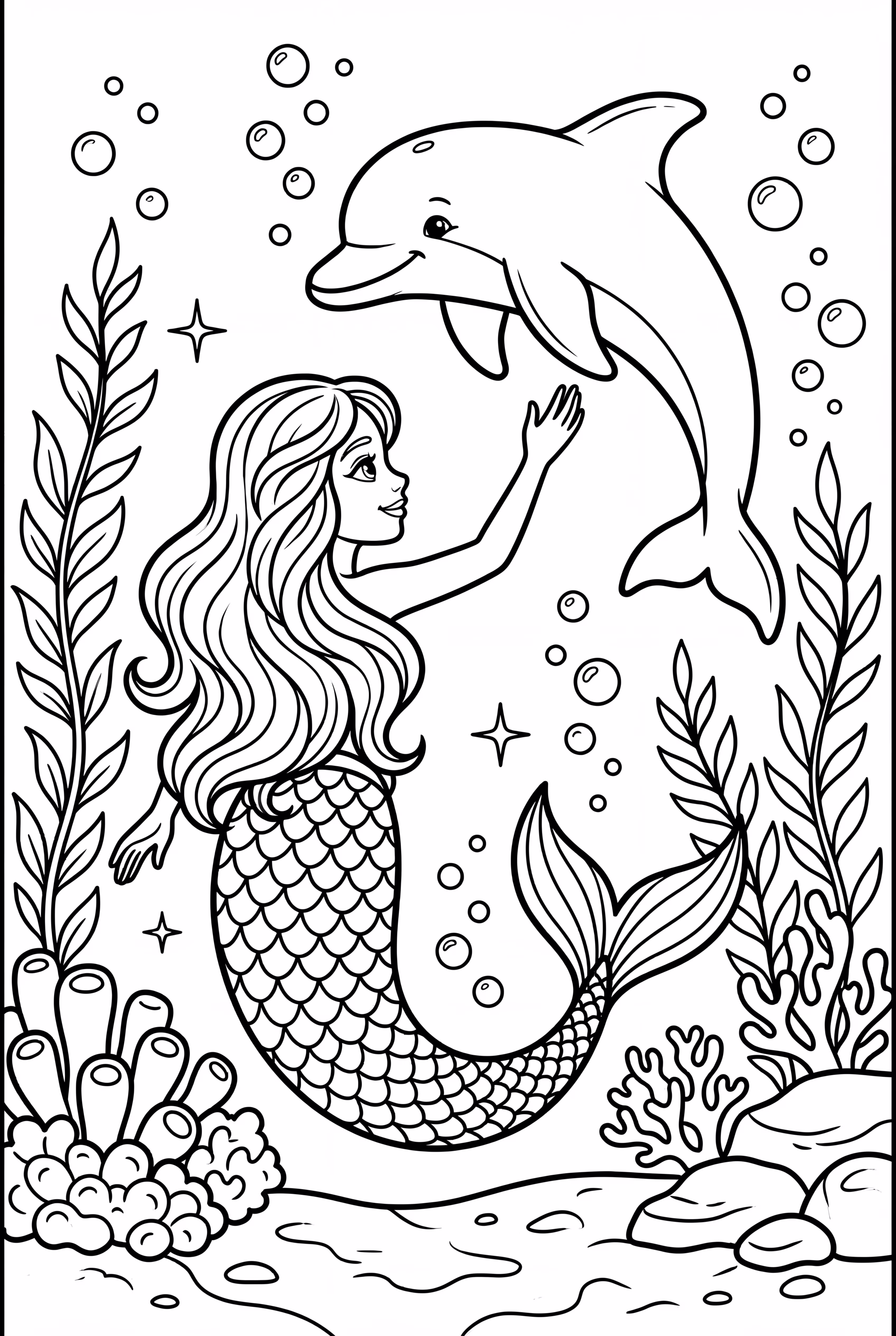 Mermaid encountering a dolphin in an underwater kingdom