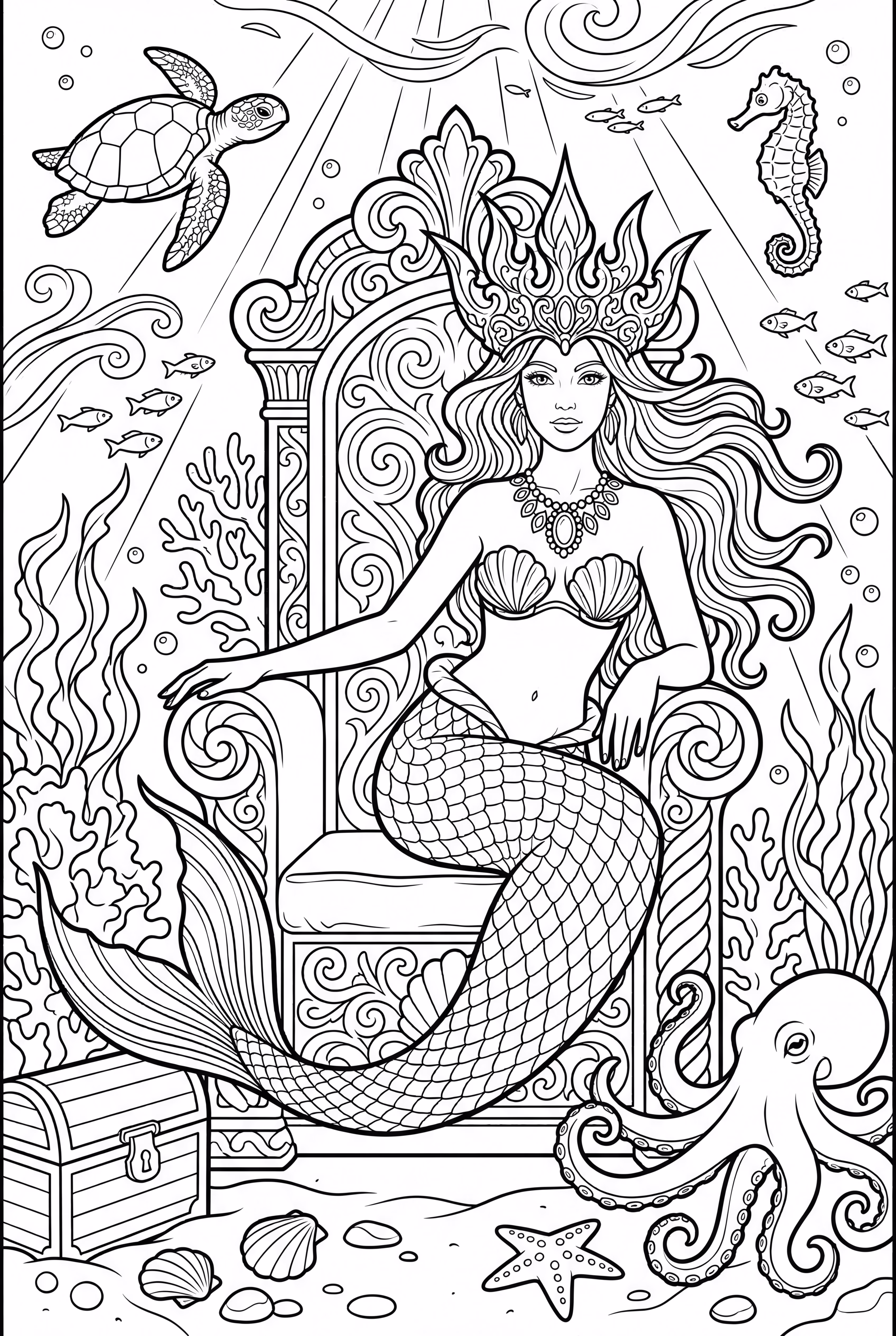 Reina Sirena Con Corona Ornada Y Trono