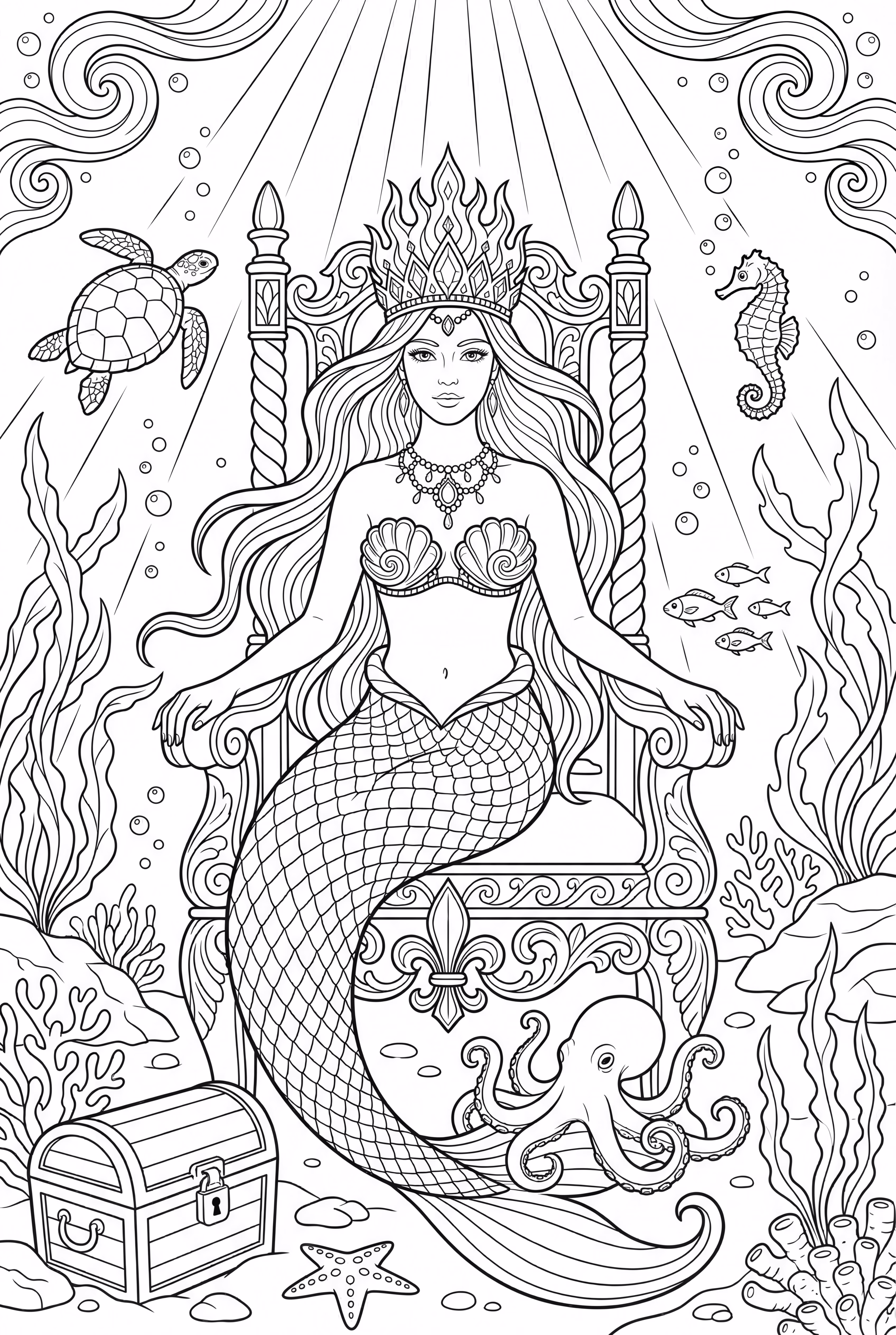Mermaid Queen With Ornate Crown And Throne