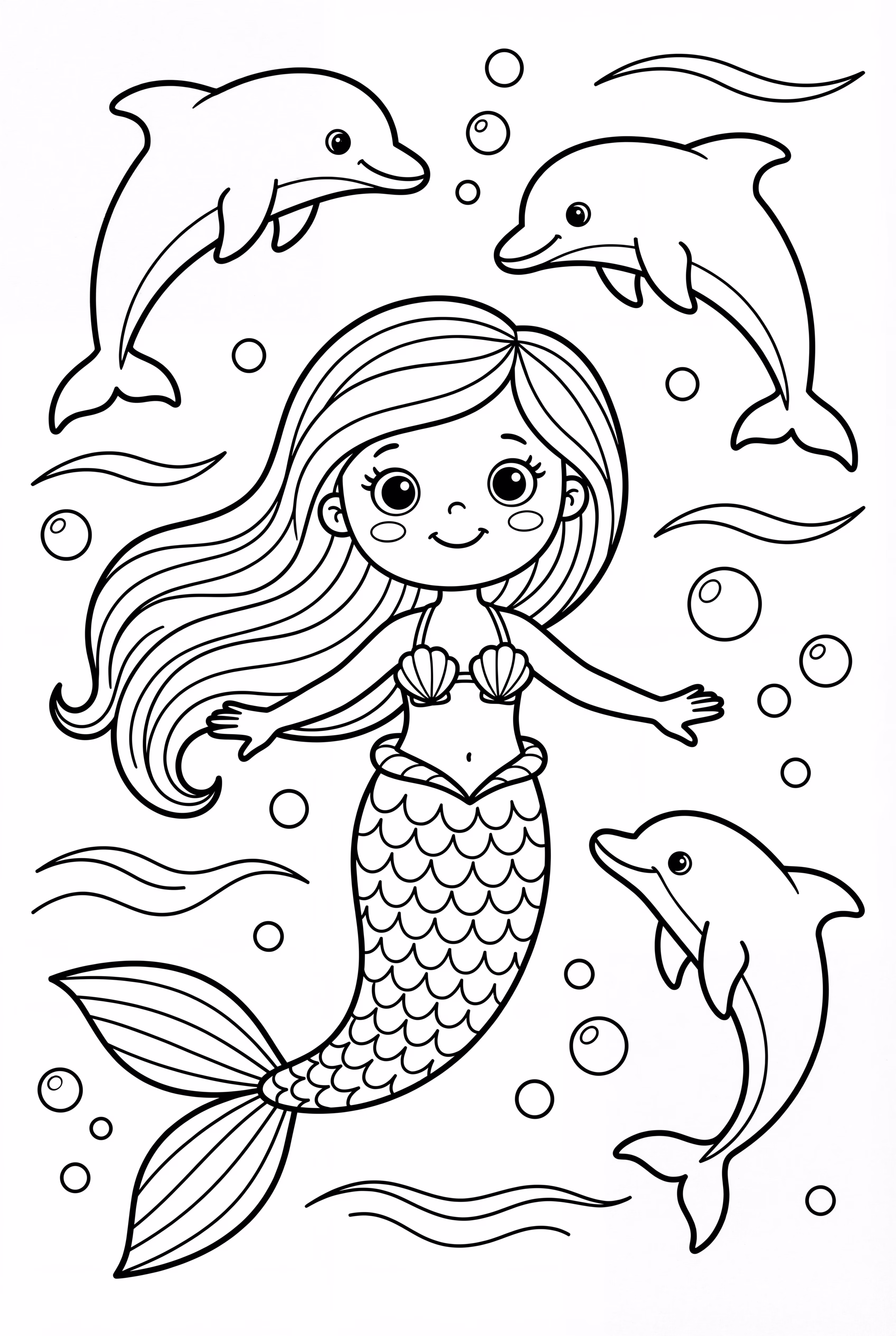 Meerjungfrau schwimmt mit Delfinen