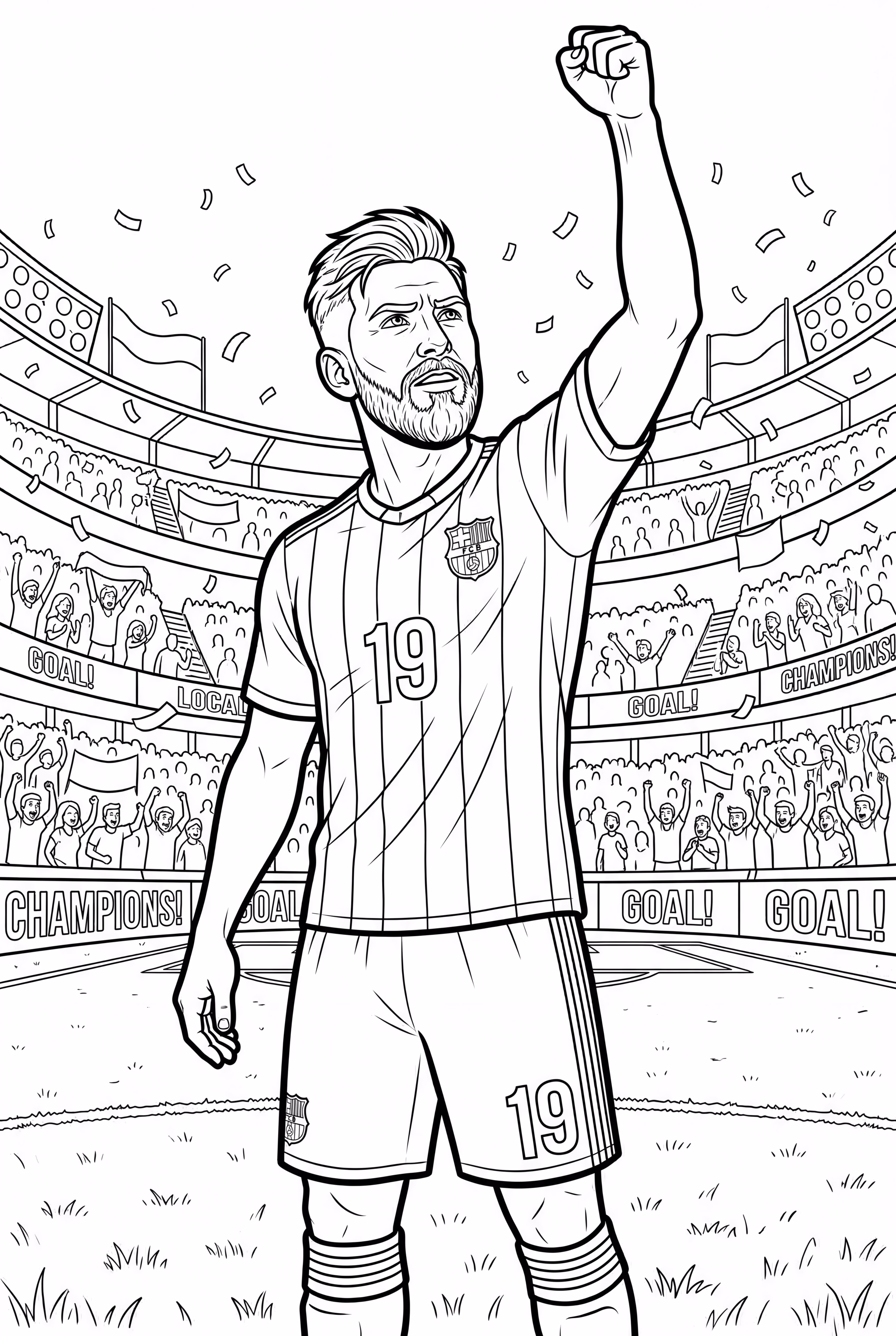 메시가 응원하는 팬들로 둘러싸인 스타디움