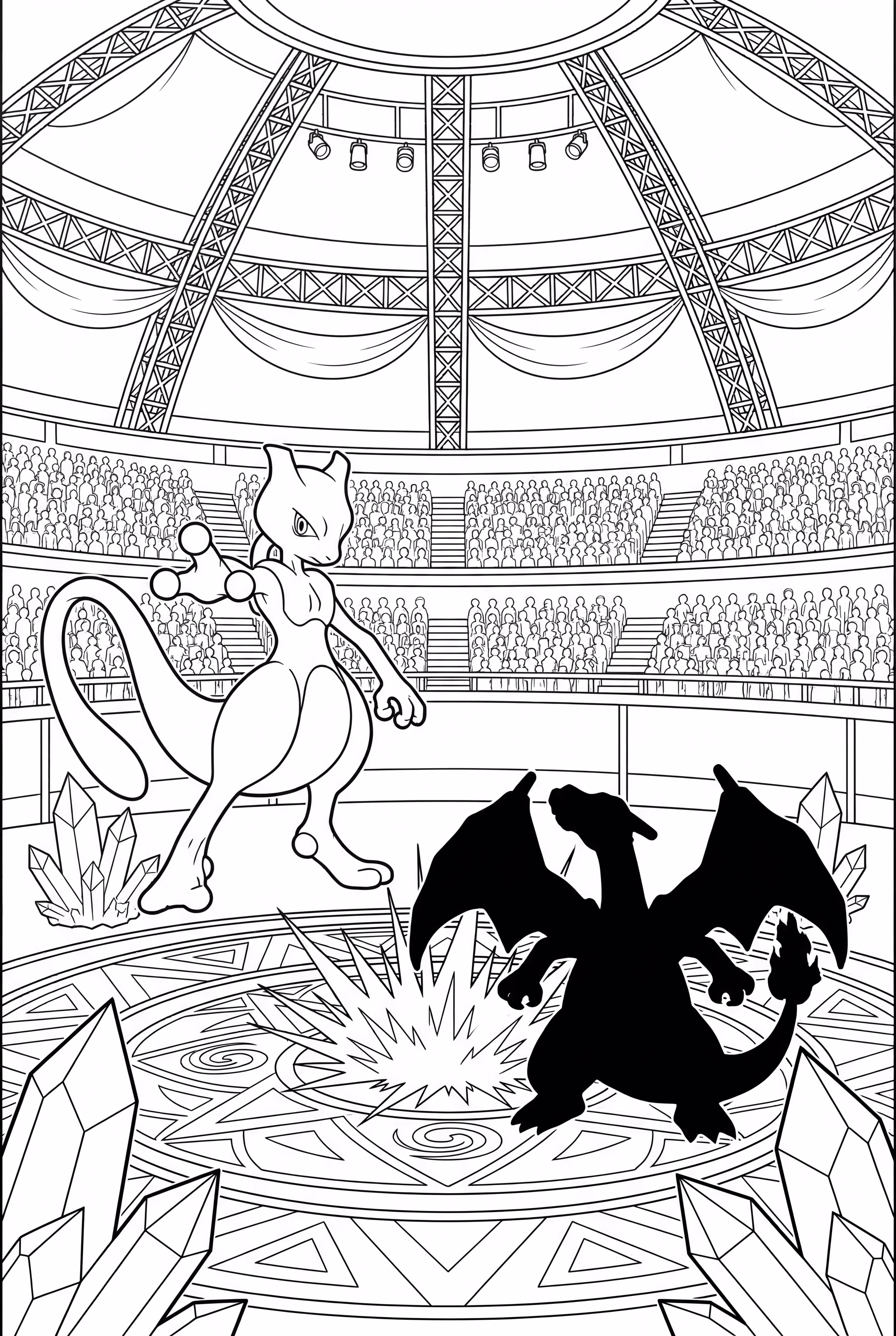 Mewtwo Battling Charizard In A Packed Stadium