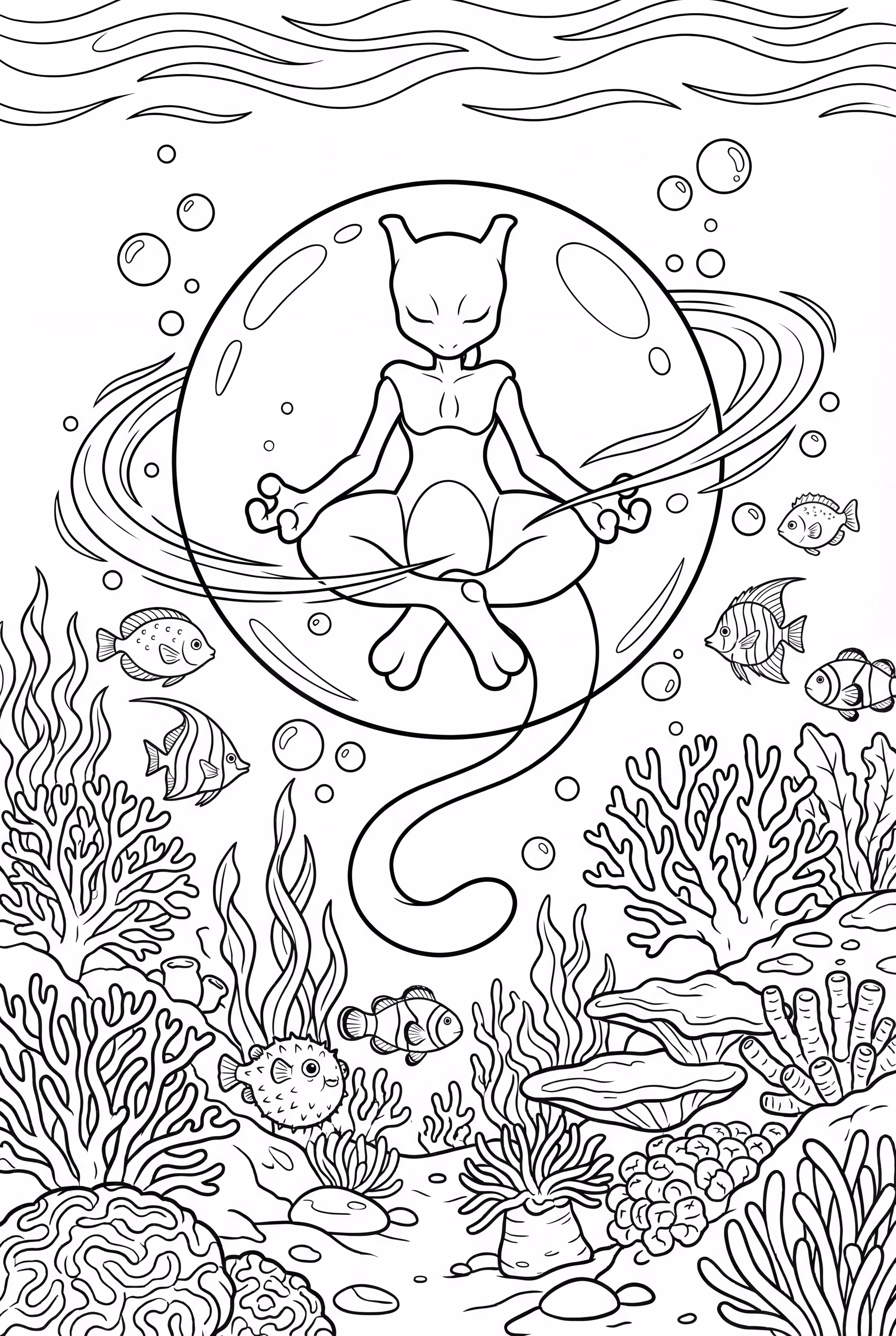 Mewtwo Floating In A Bubble Underwater