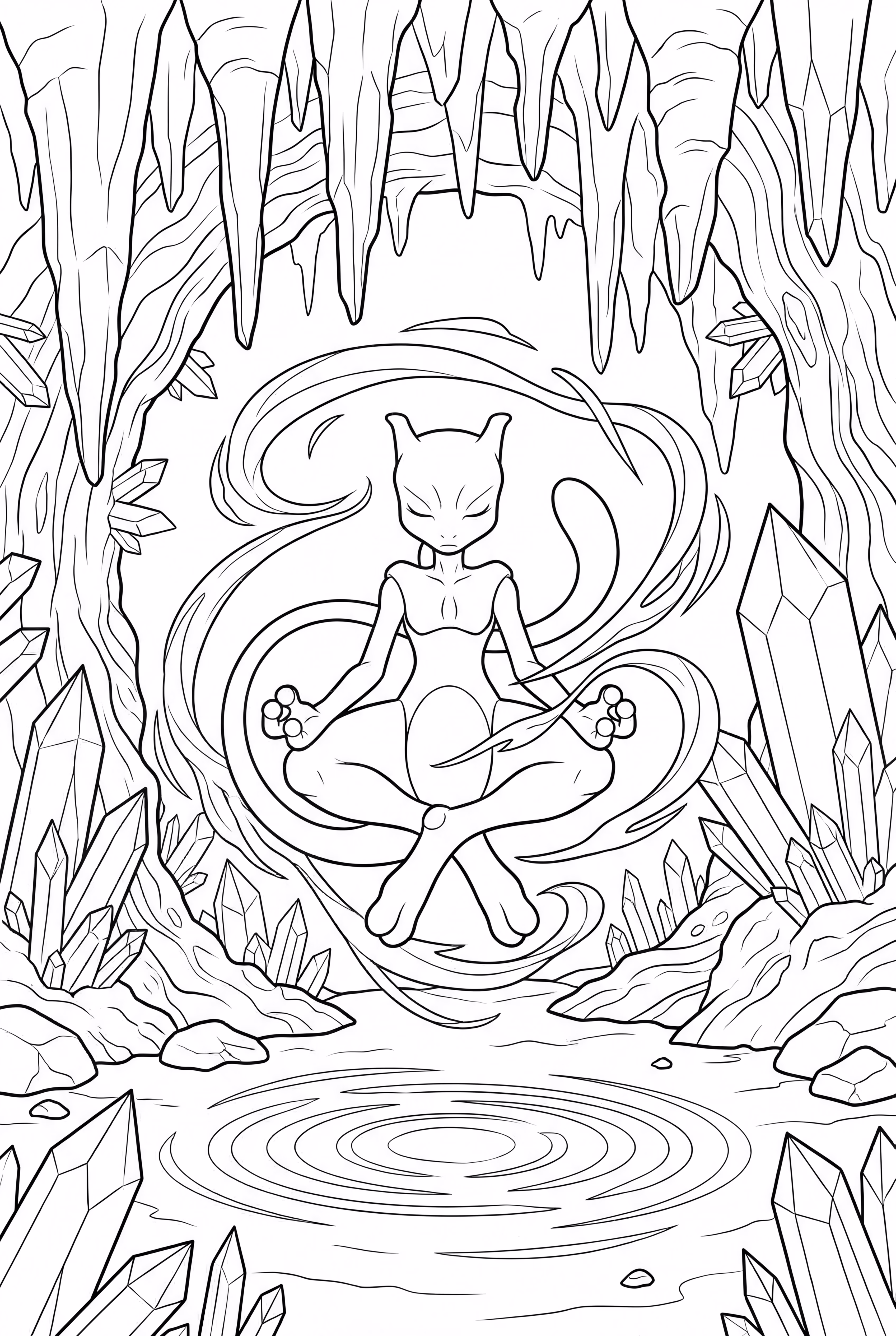 Mewtwo Meditating And Levitating In A Crystal Cave