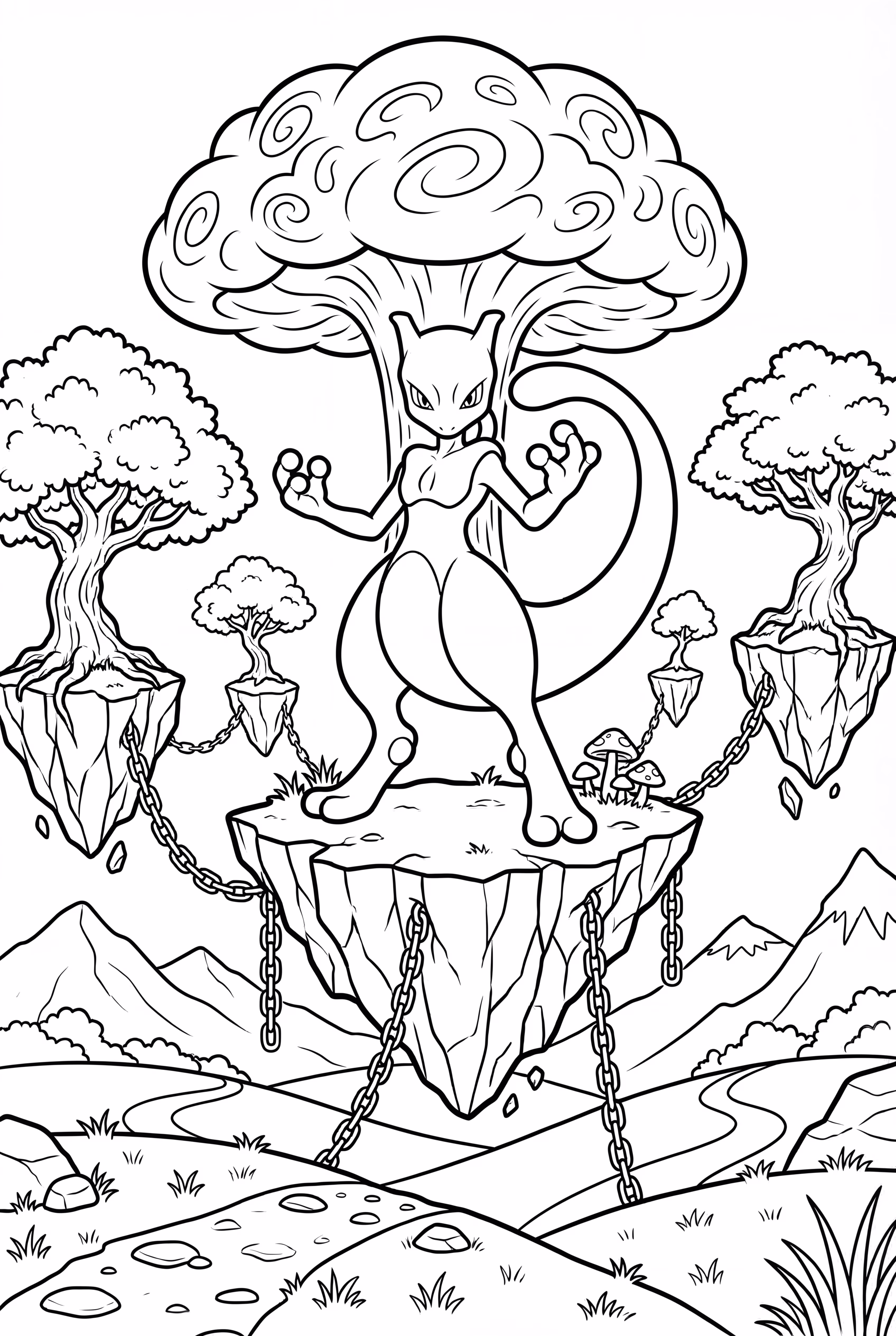 Mewtwo on a floating rock surrounded by forest