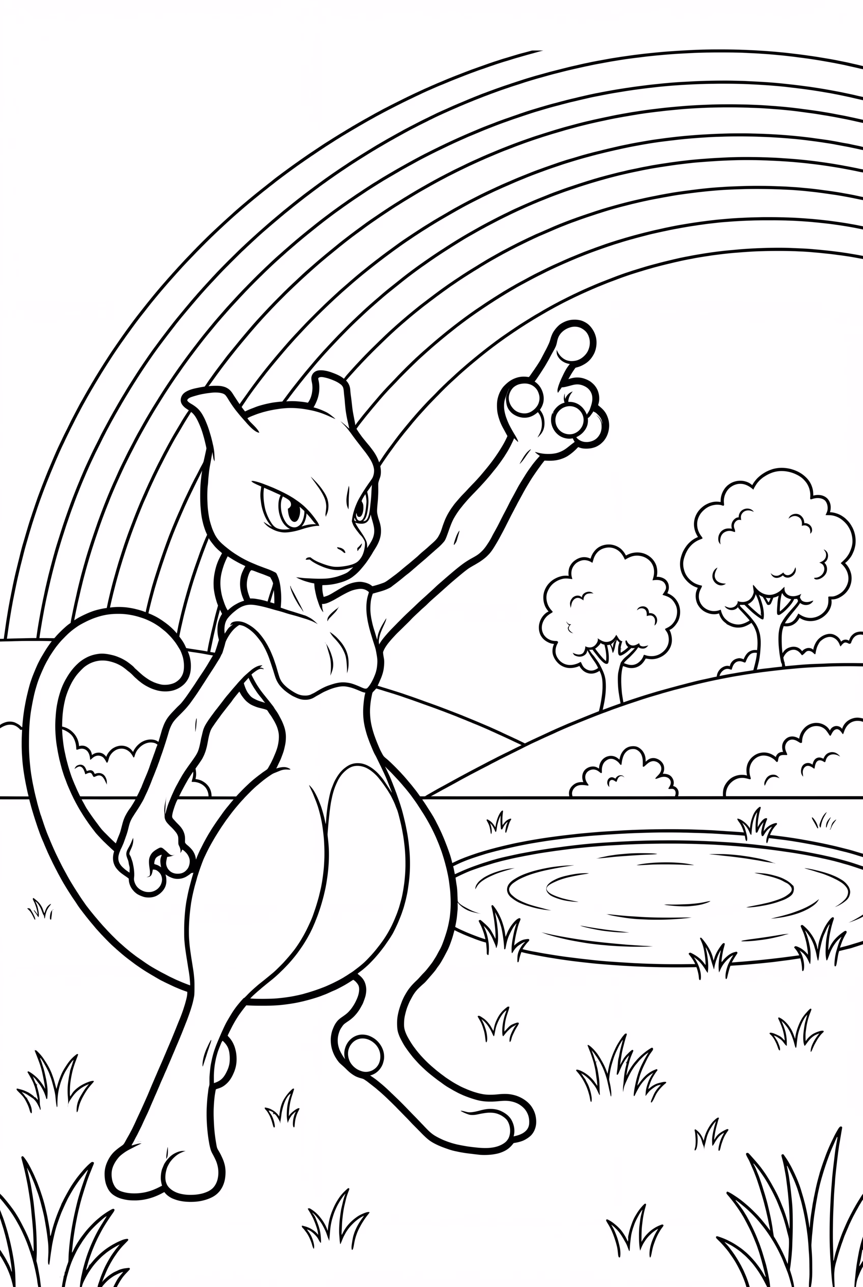 Mewtwo Pointing Up At A Rainbow In A Field