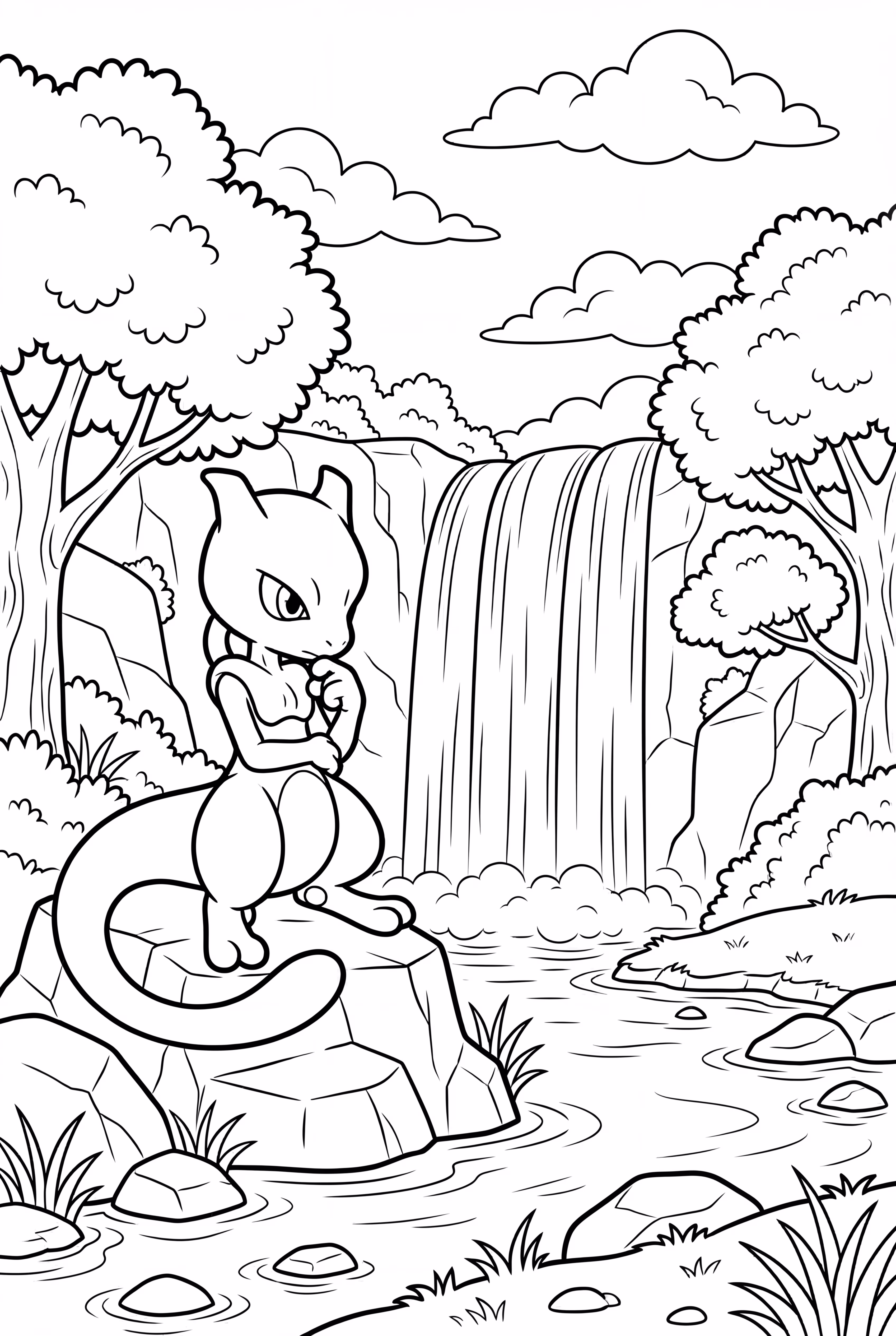 Mewtwo Pondering Quietly Beside A Waterfall