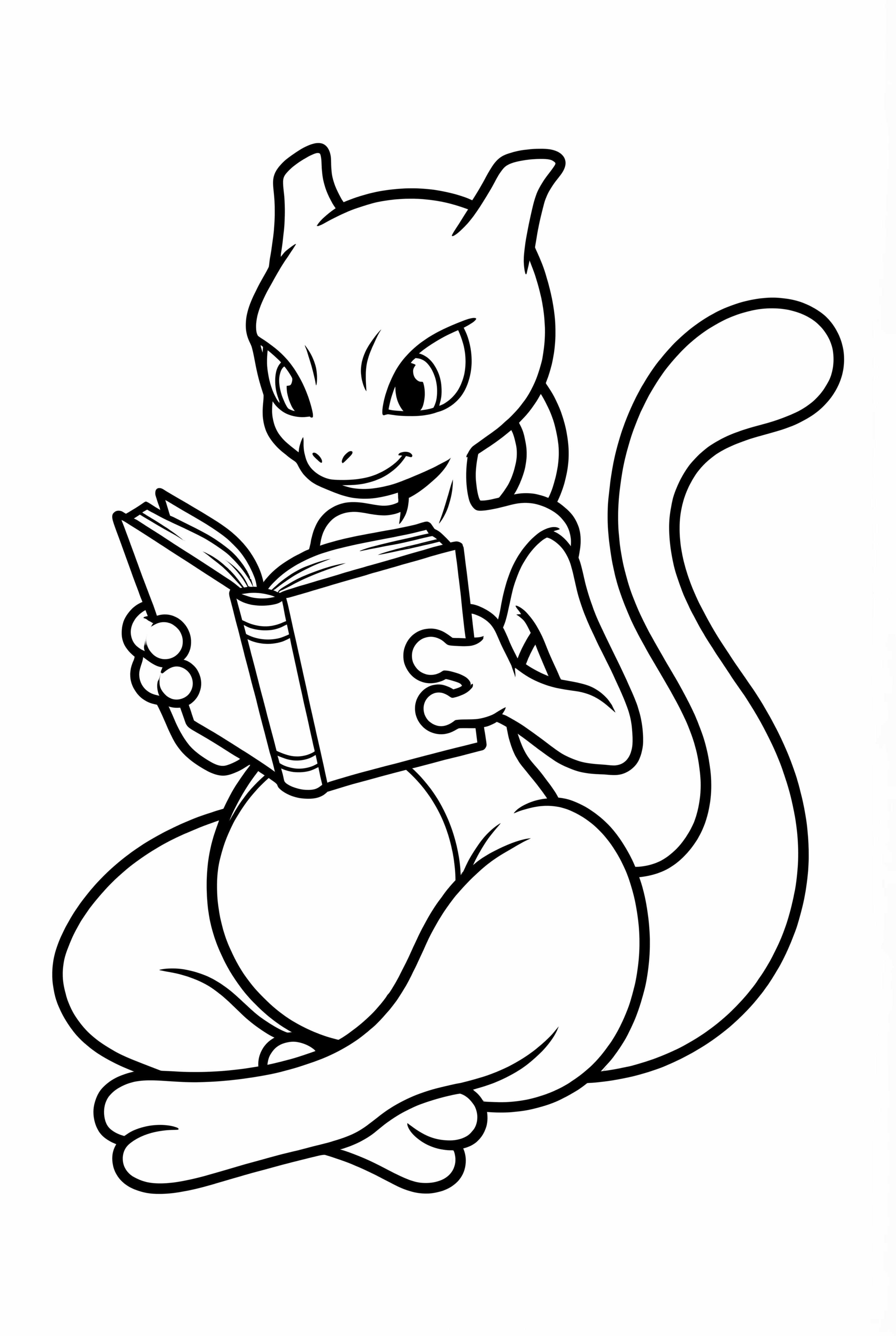 Mewtwo sitting down and reading book 
