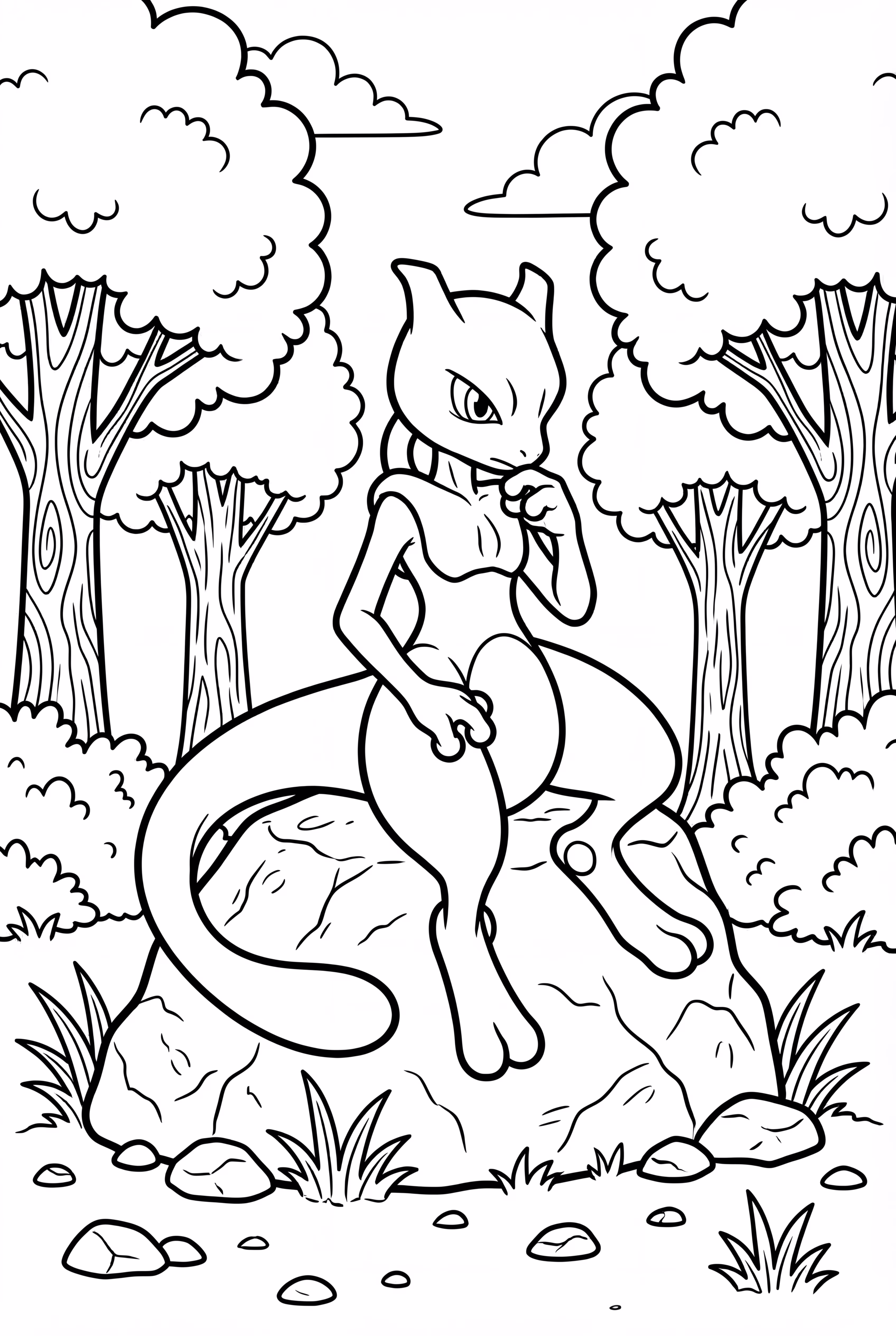 Mewtwo Sitting On A Rock And Thinking In A Forest