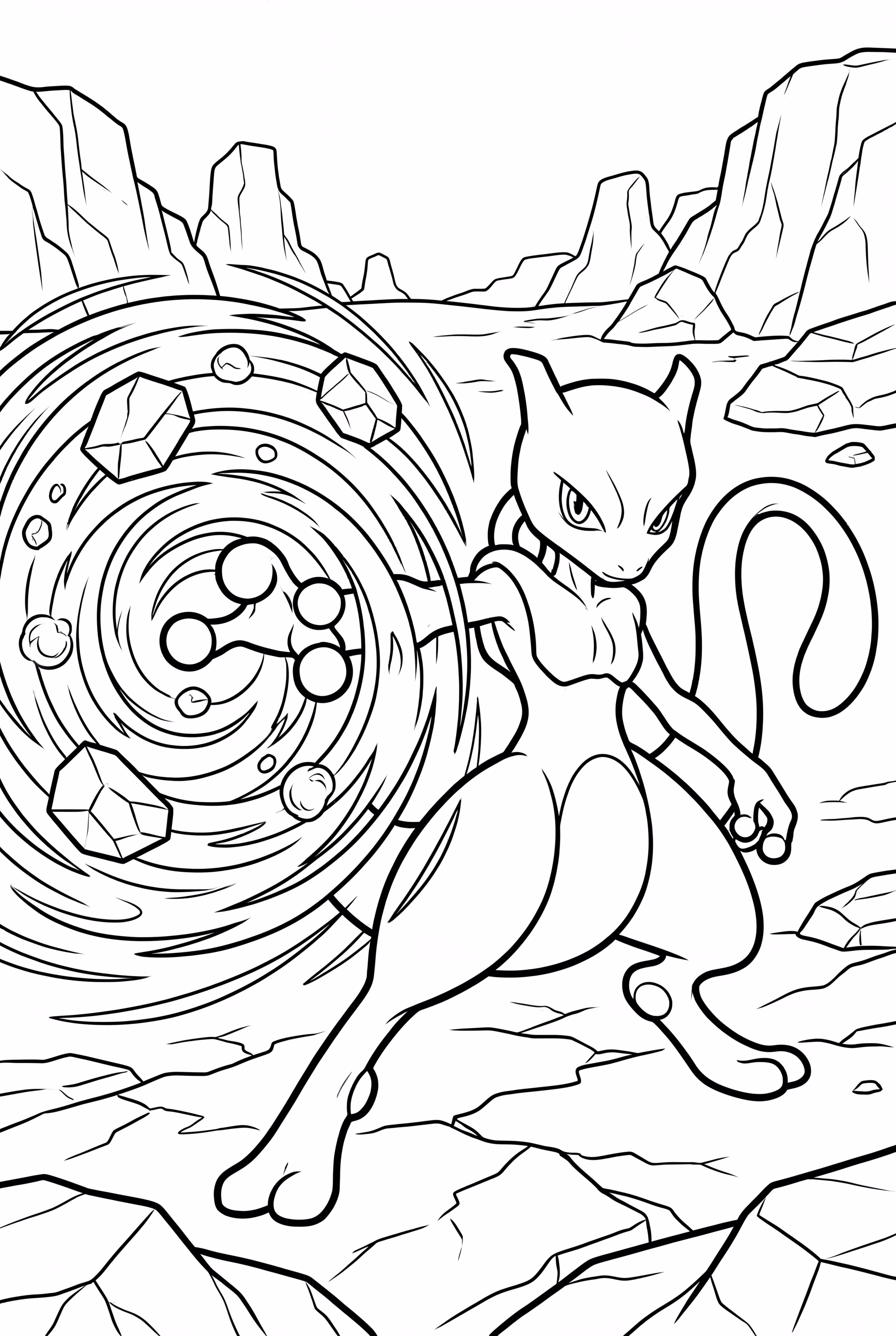 Mewtwo using its attack on giant rocks