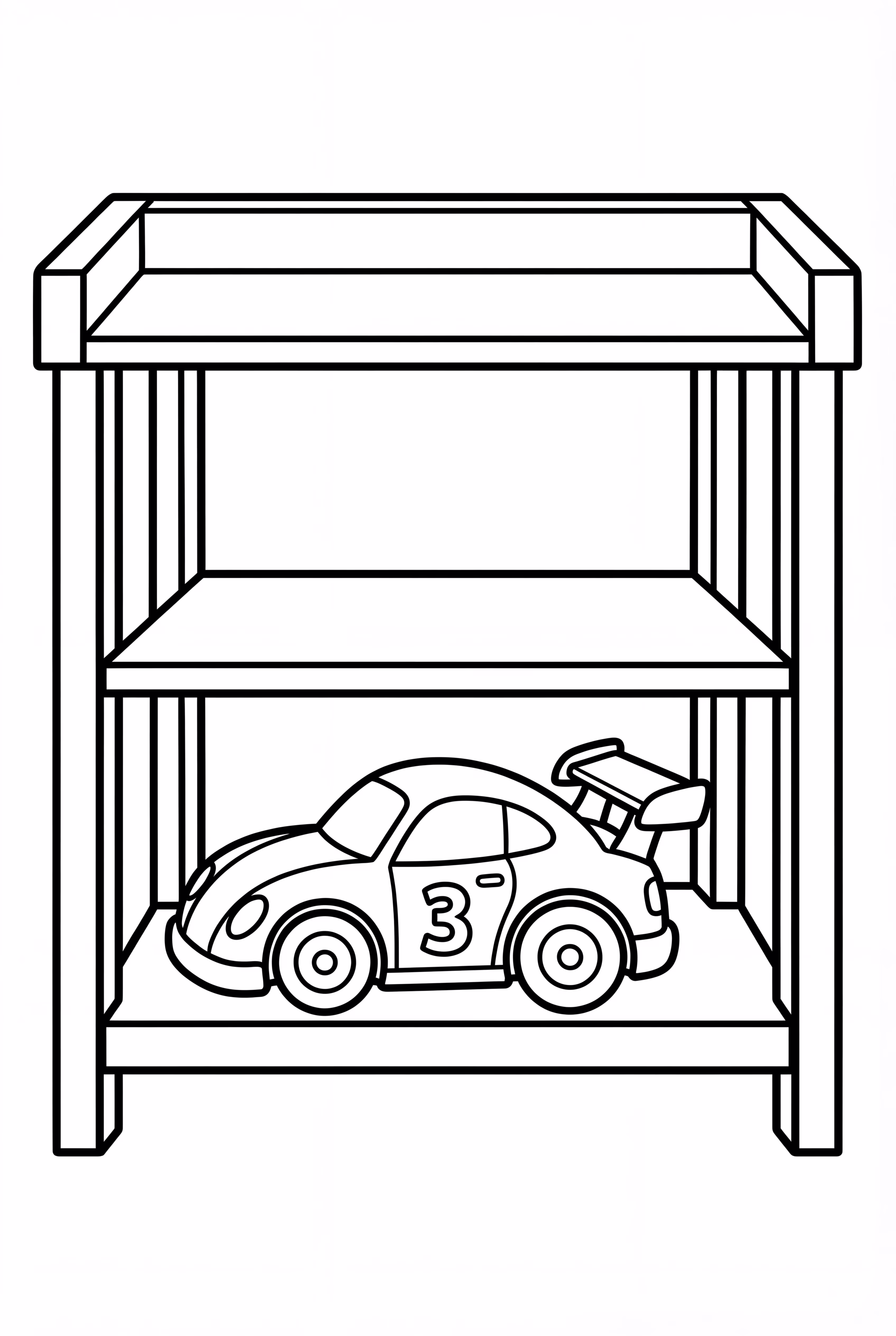 Auto de carreras en miniatura en una estantería de juguetes