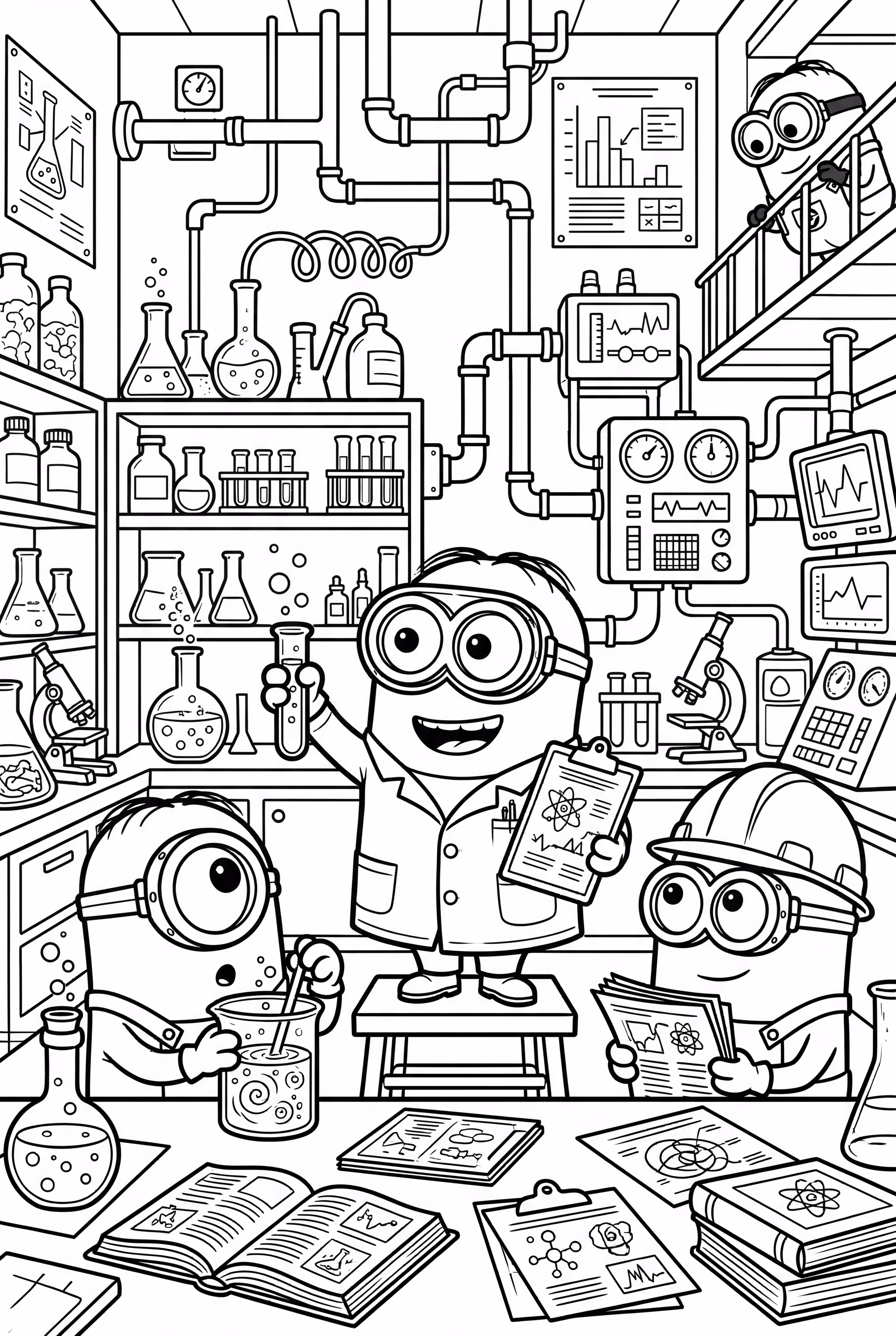 Minions in a laboratory creating experiments