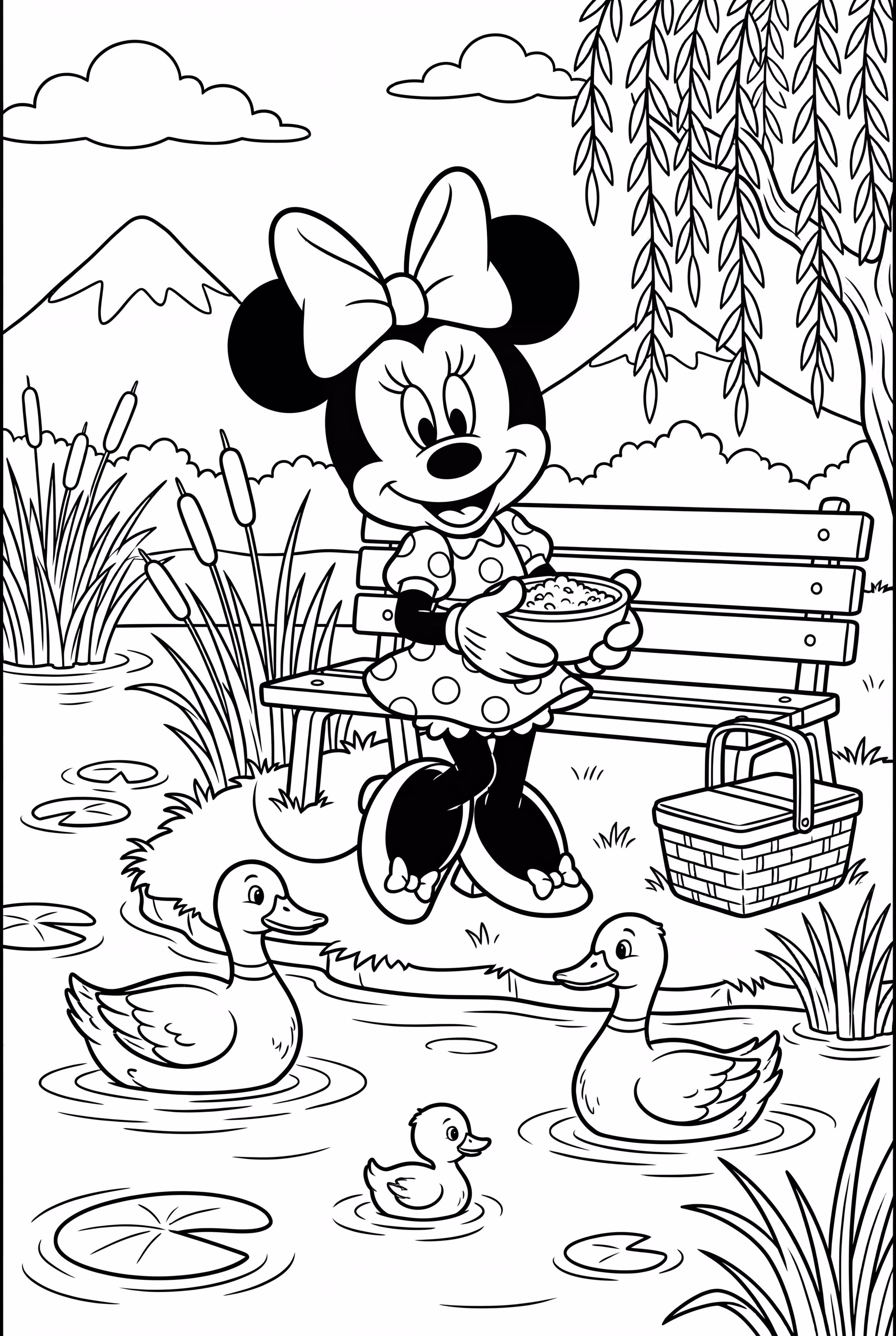Minnie Mouse Feeding Ducks By The Lake