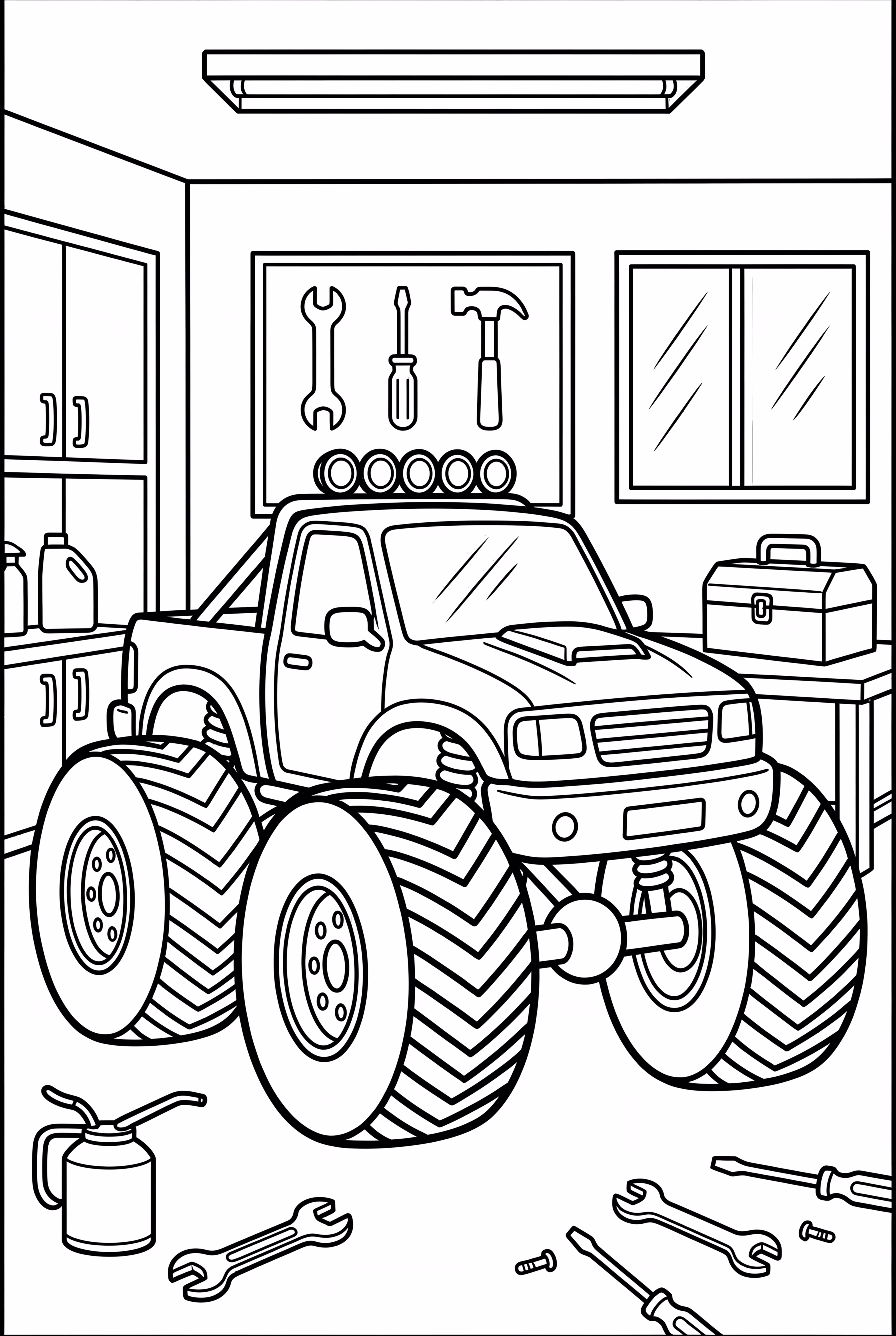기계공 작업장의 몬스터 트럭