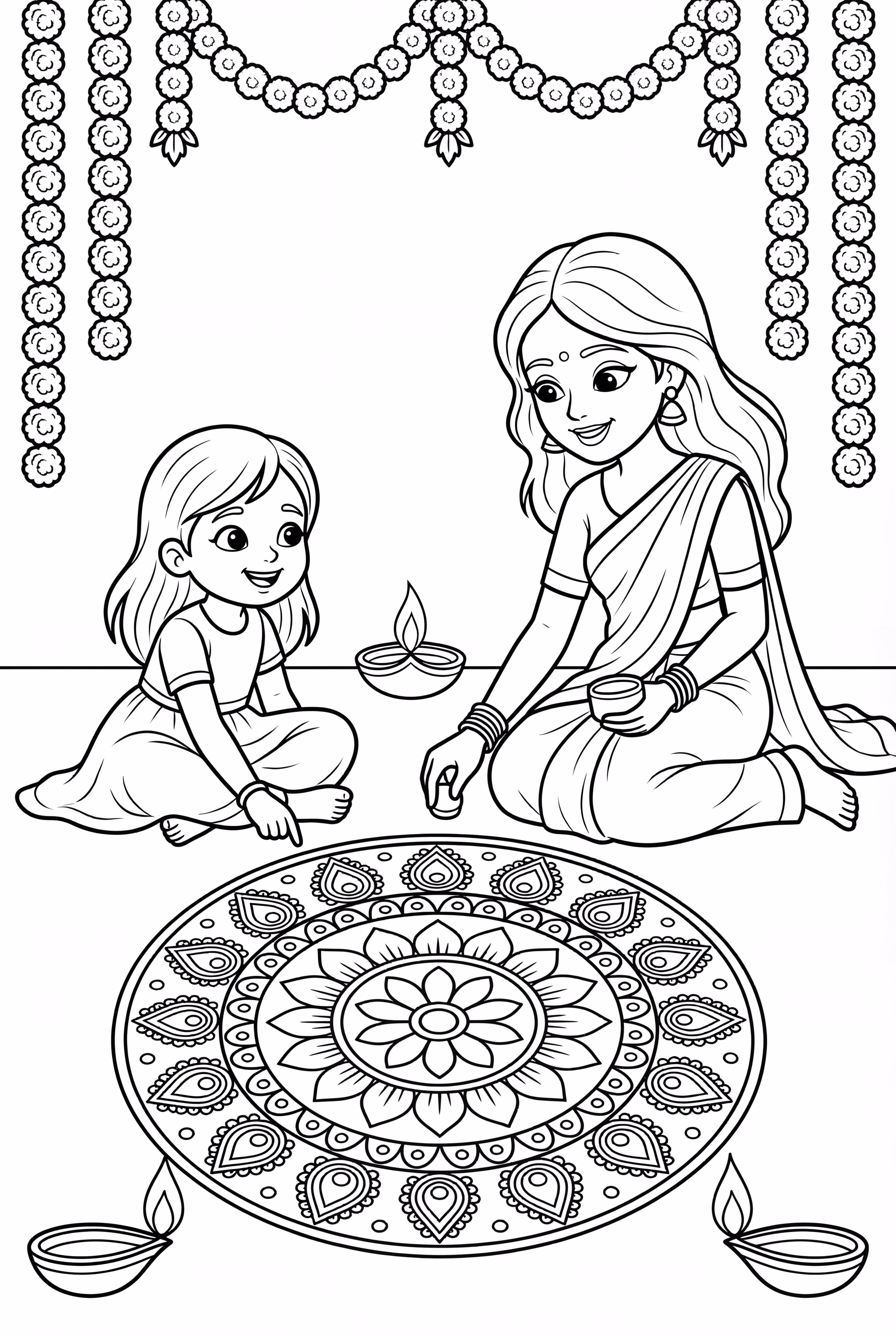 Mother And Daughter Making Diwali Rangoli