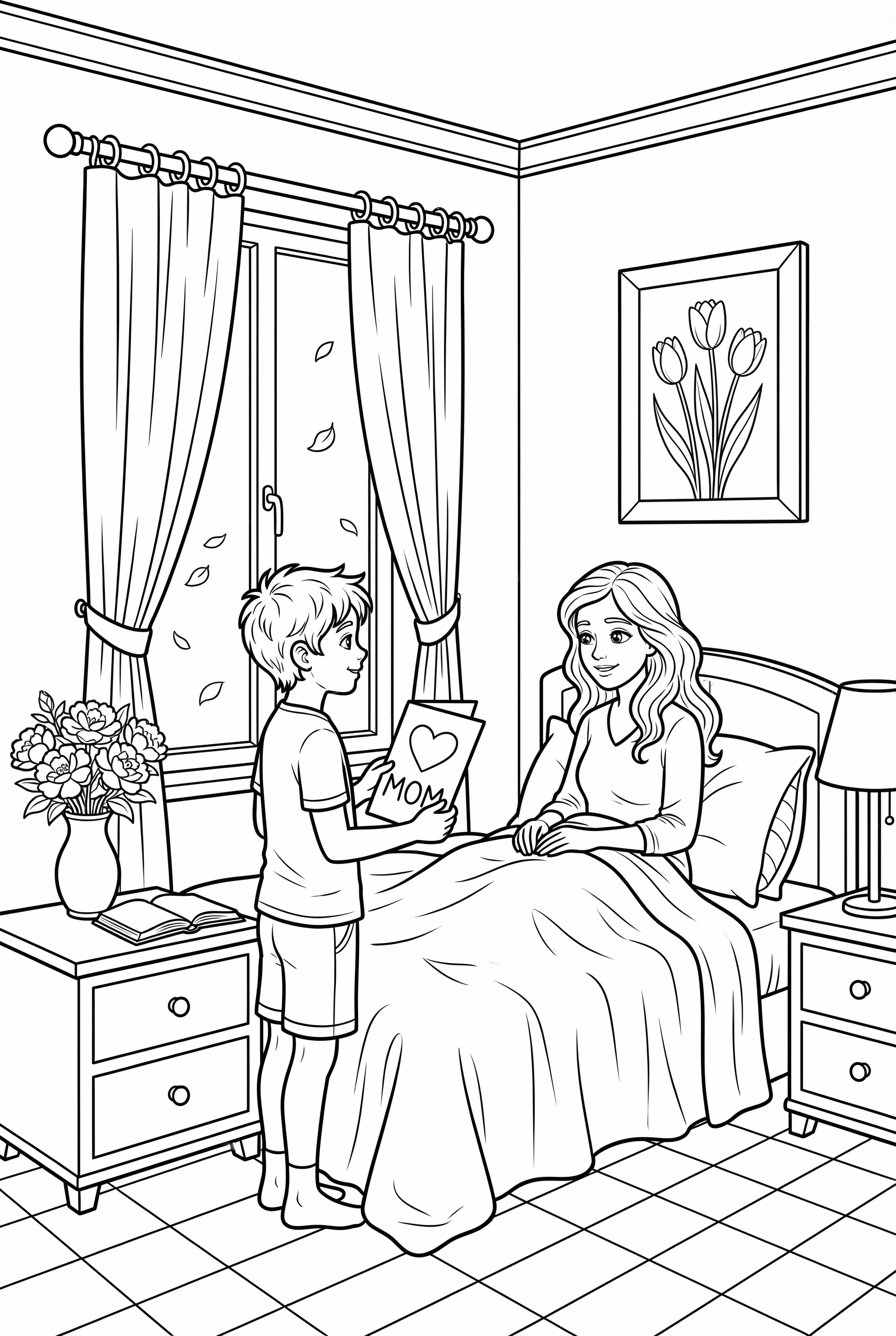 母親節小孩在床上遞送手工卡片