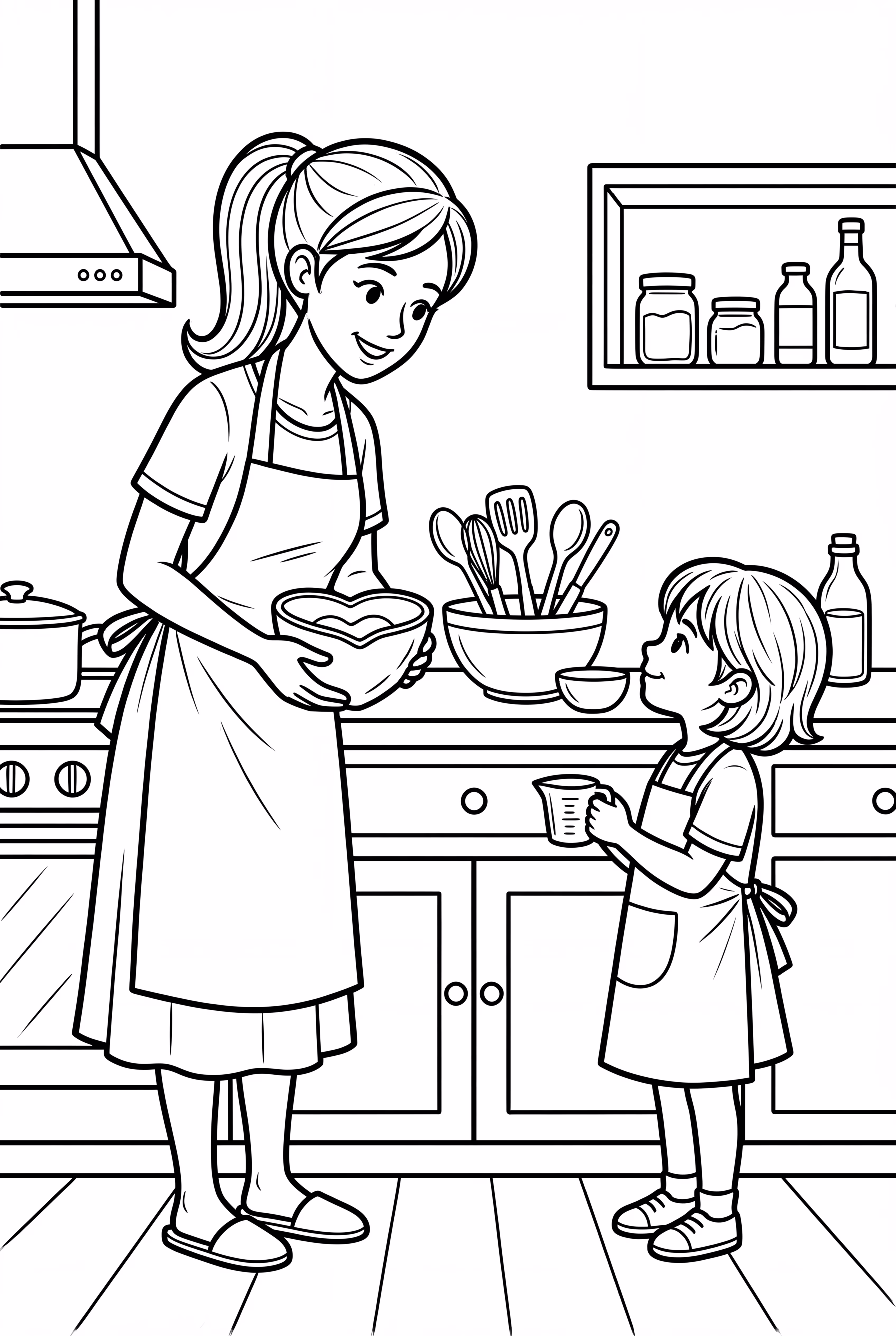 어머니의 날 엄마와 아이가 하트 모양 간식을 굽는 모습