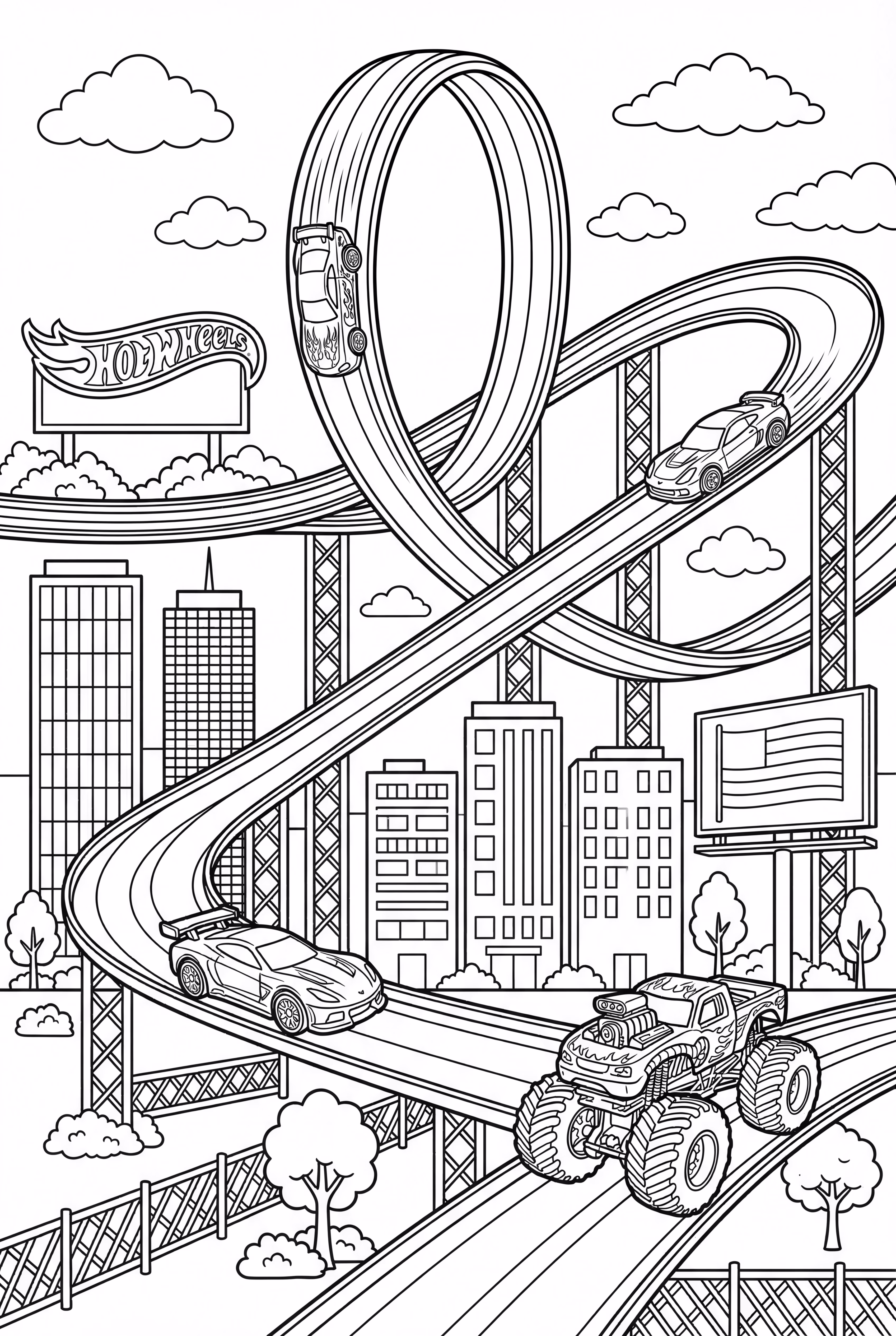 Vários carros Hot Wheels em uma pista complexa