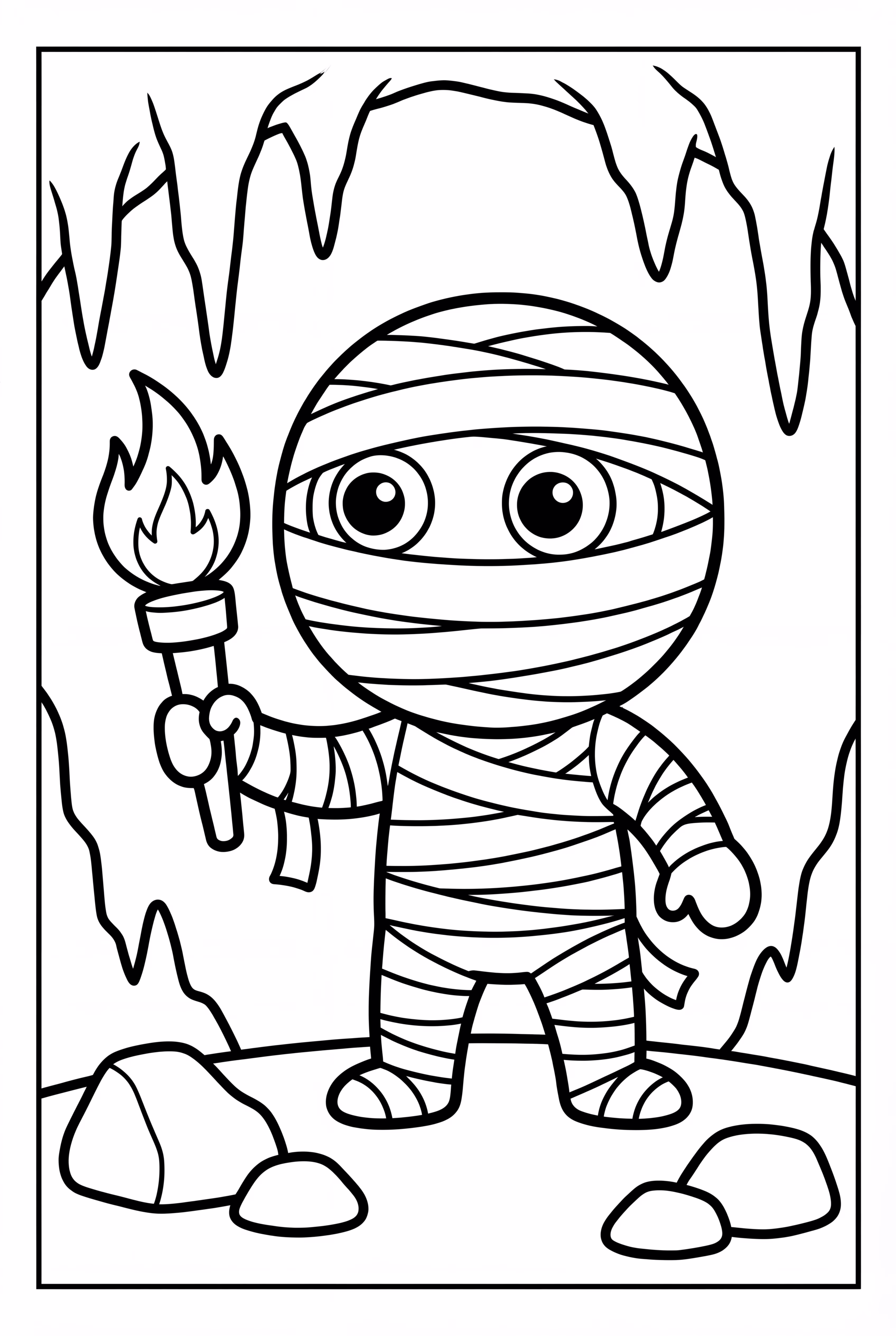 동굴에서 횃불을 든 미라