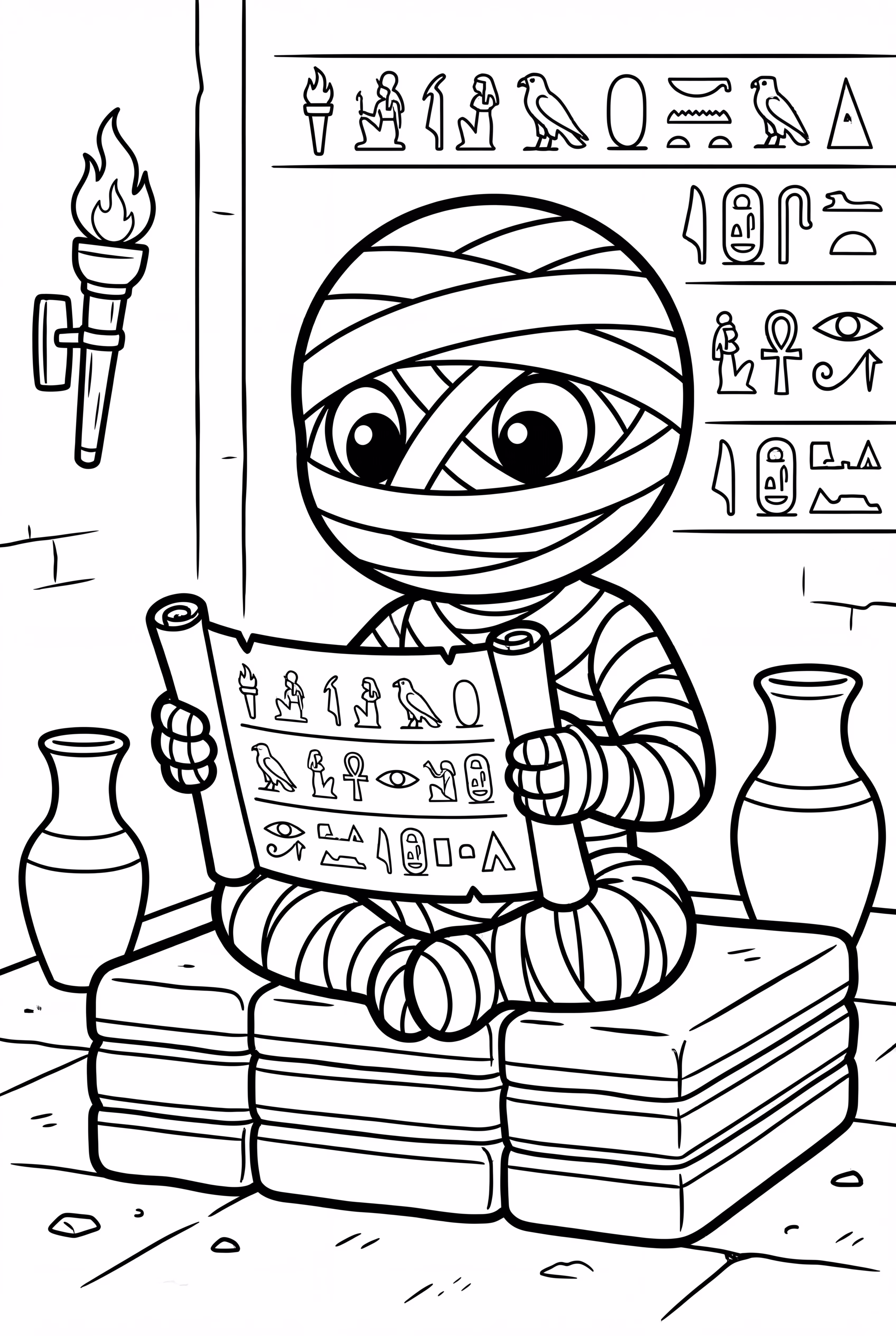 Mummy Reading An Ancient Papyrus Scroll