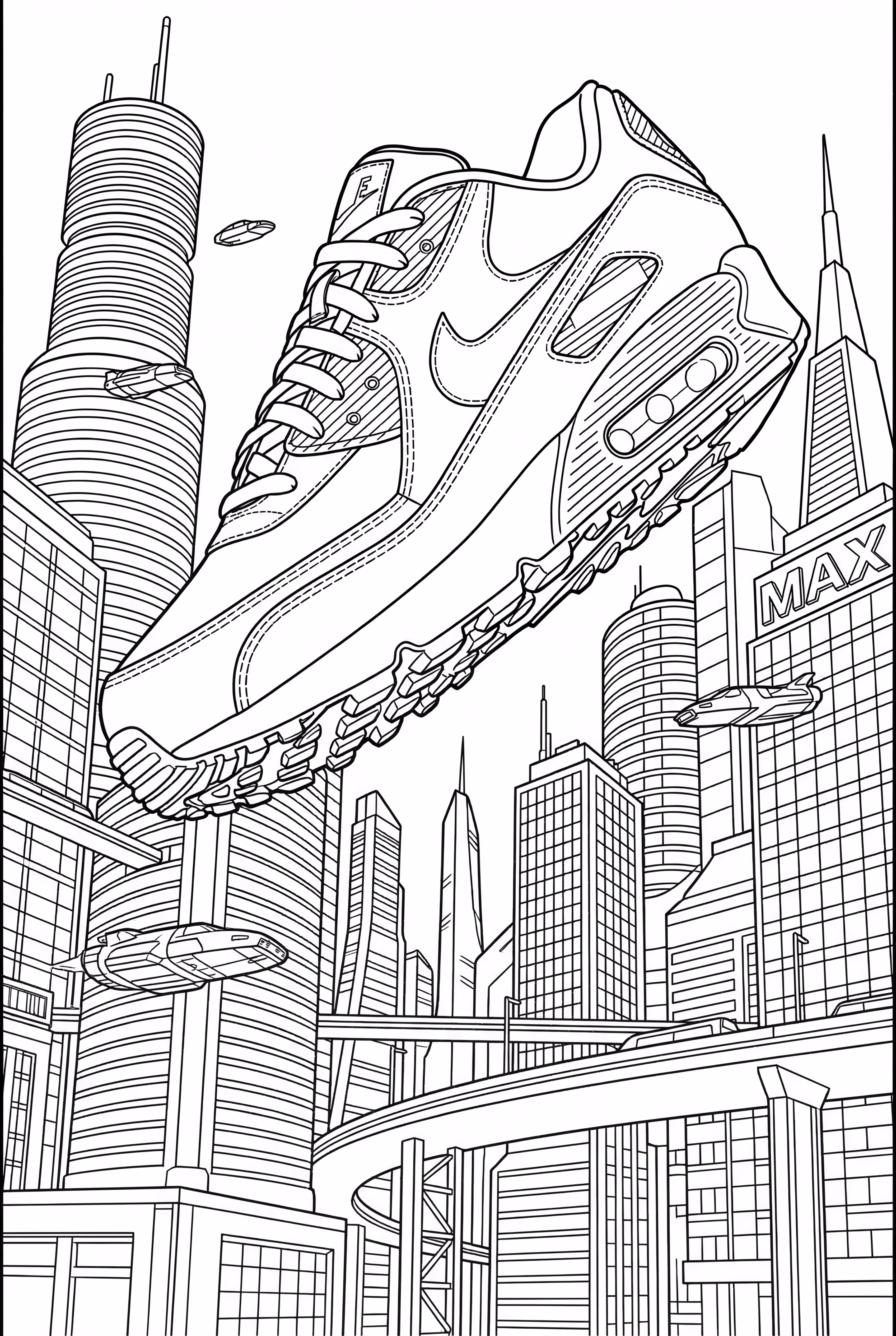 nike air max shoes in a futuristic cityscape