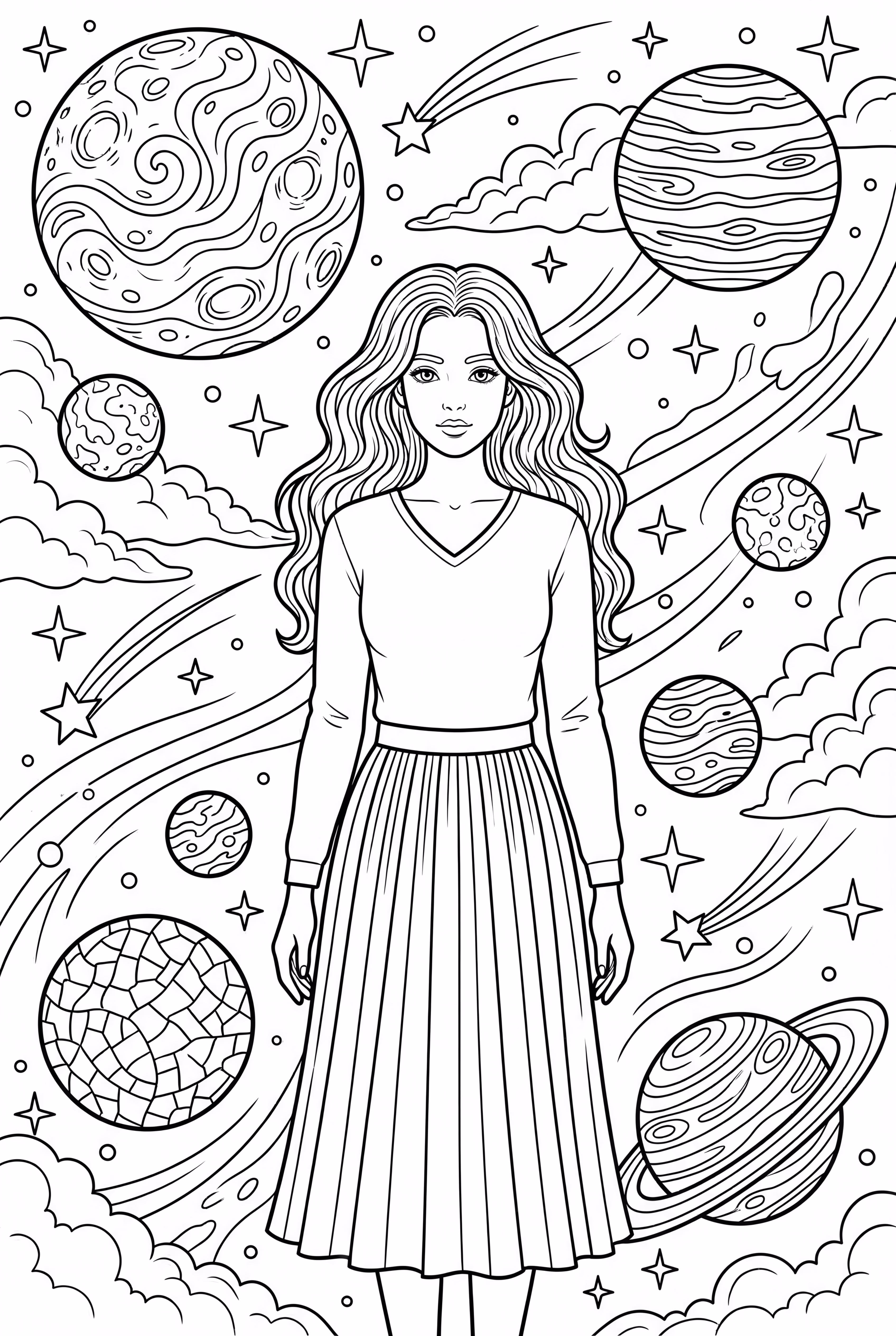 Olivia Rodrigo in einer himmlischen Szene mit Planeten