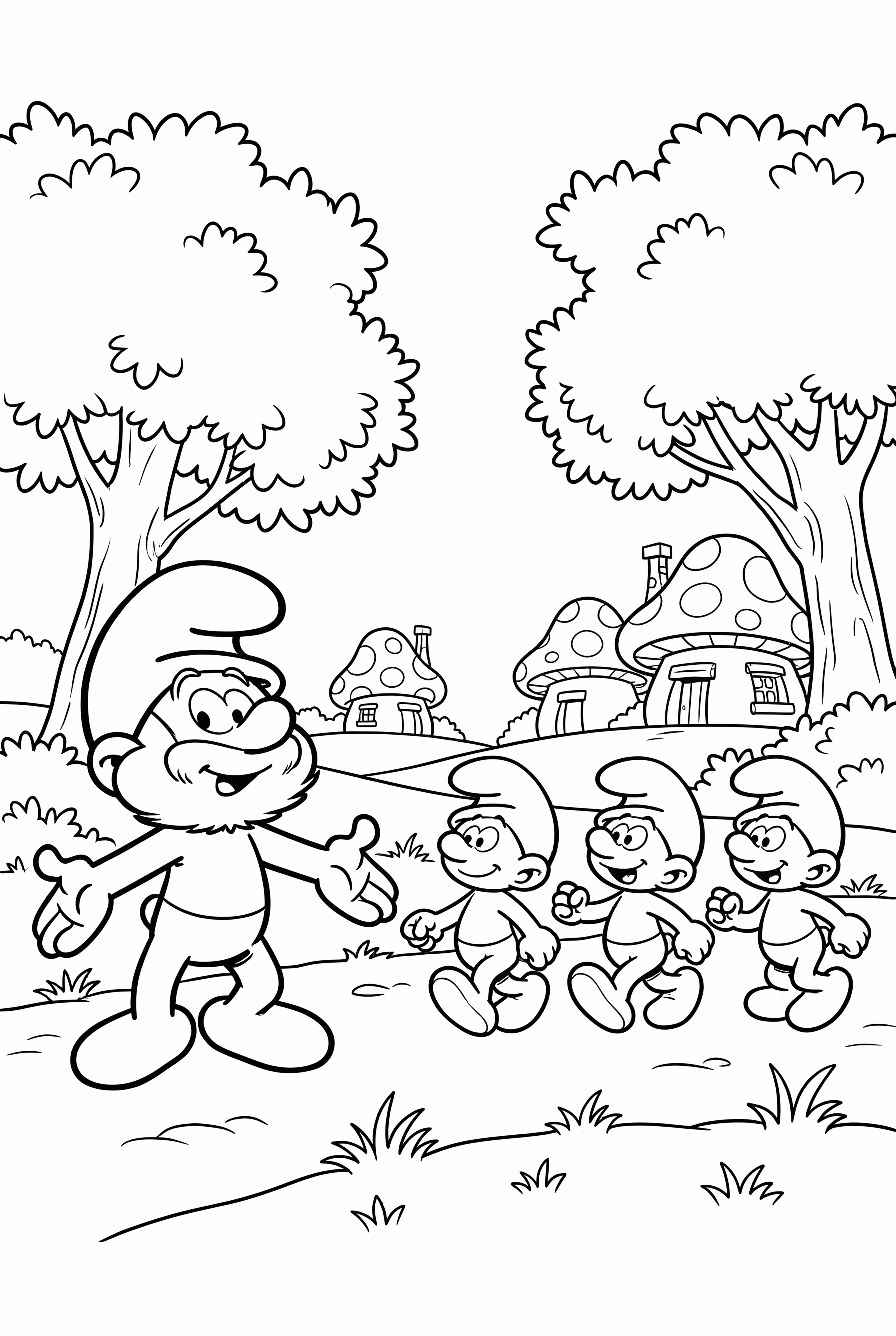 Papa Smurf Leading The Little Smurfs