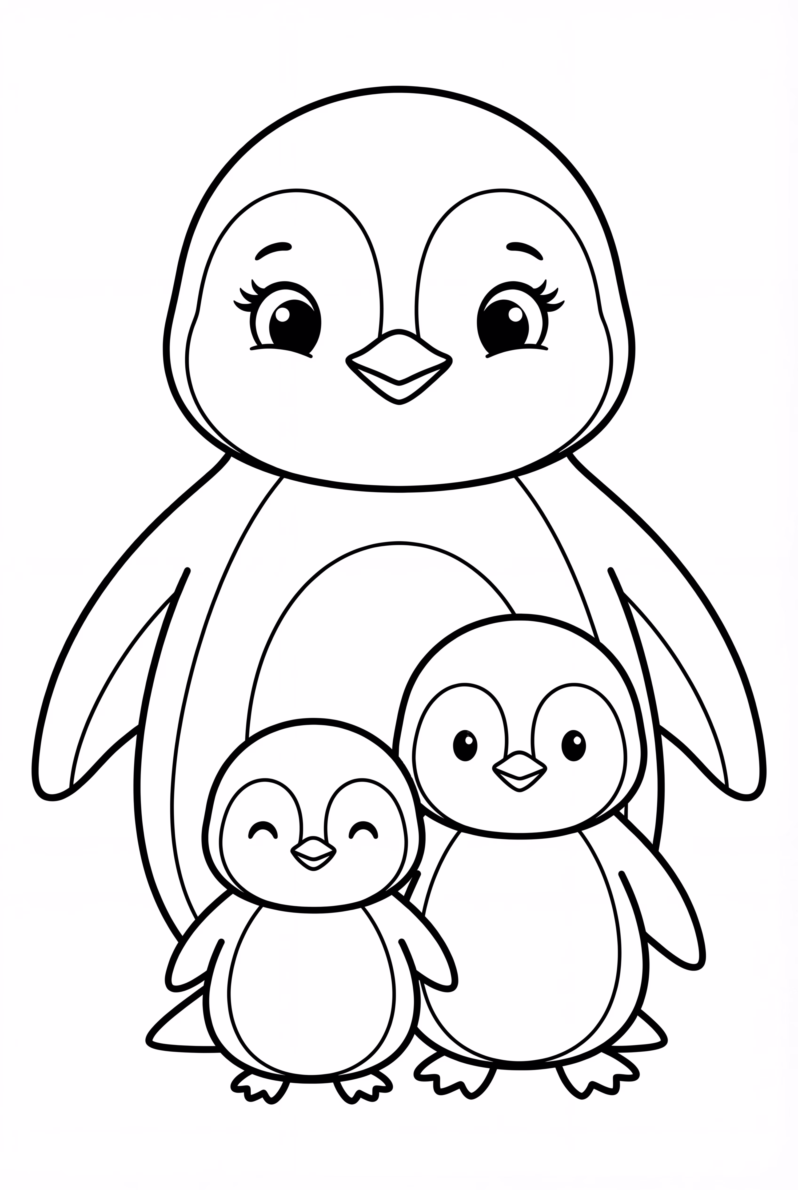 parent and baby penguins standing straight forward