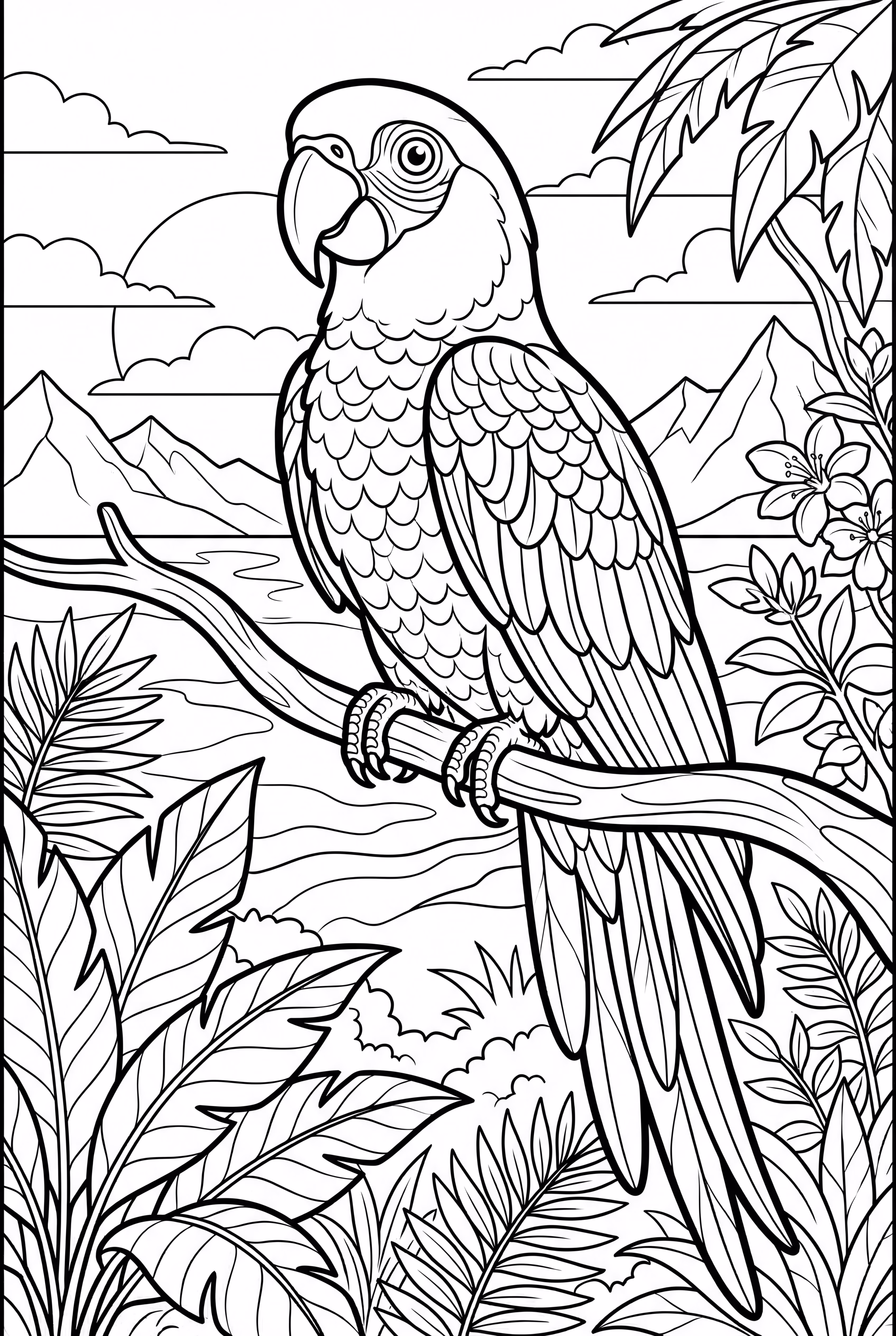 Perroquet regardant un coucher de soleil