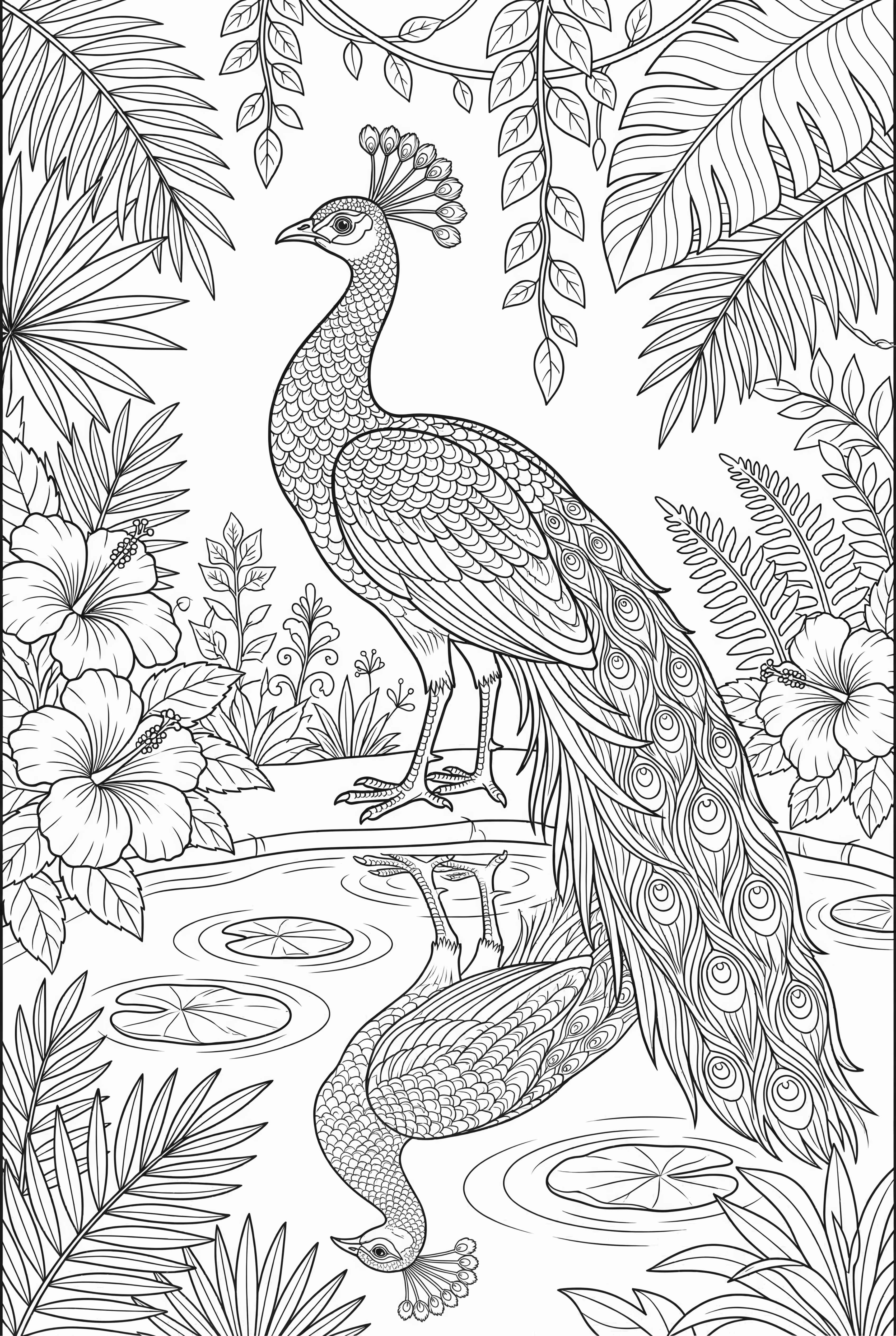 孔雀及其在水中的倒影