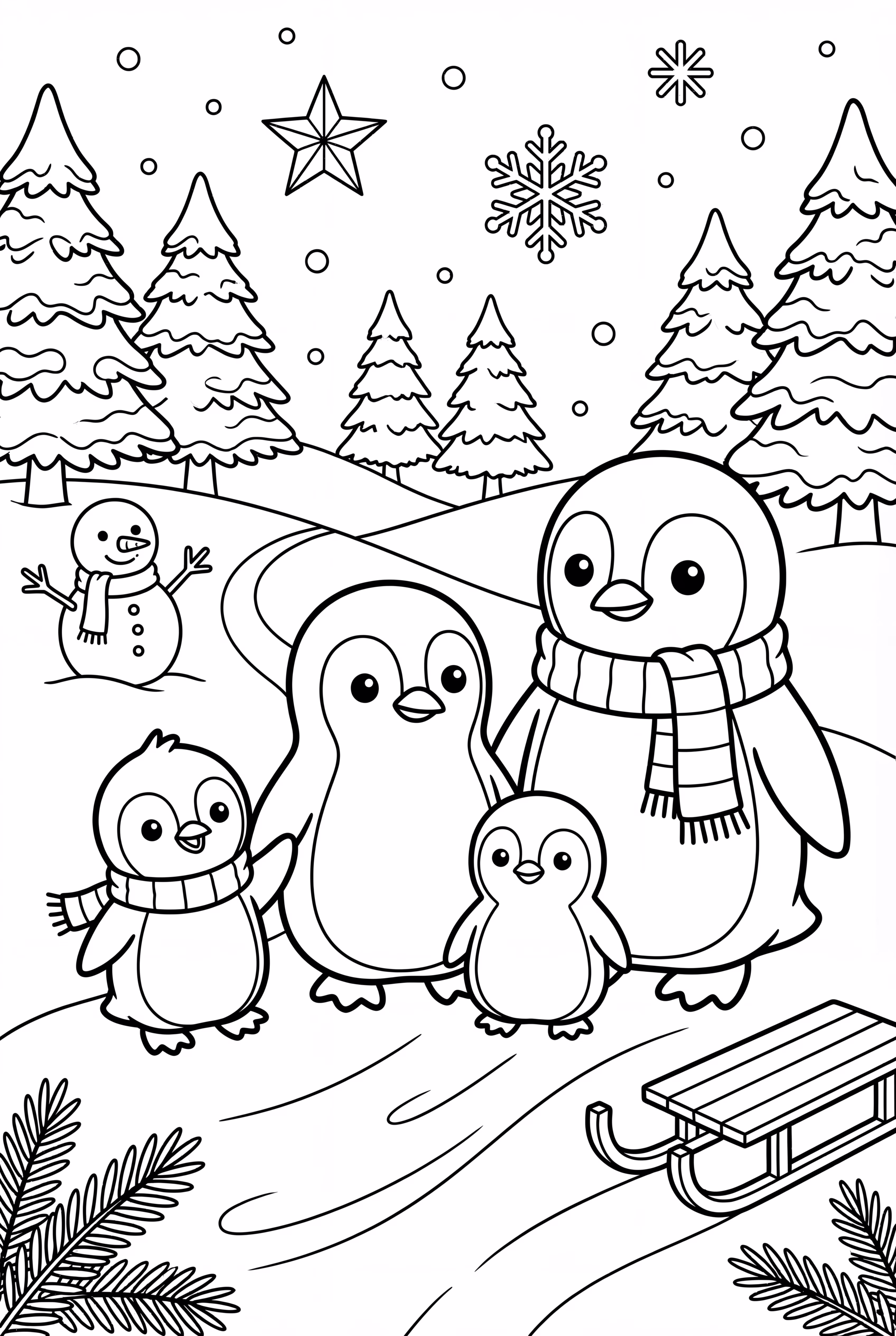 penguin family gathering sledding down snowy hill