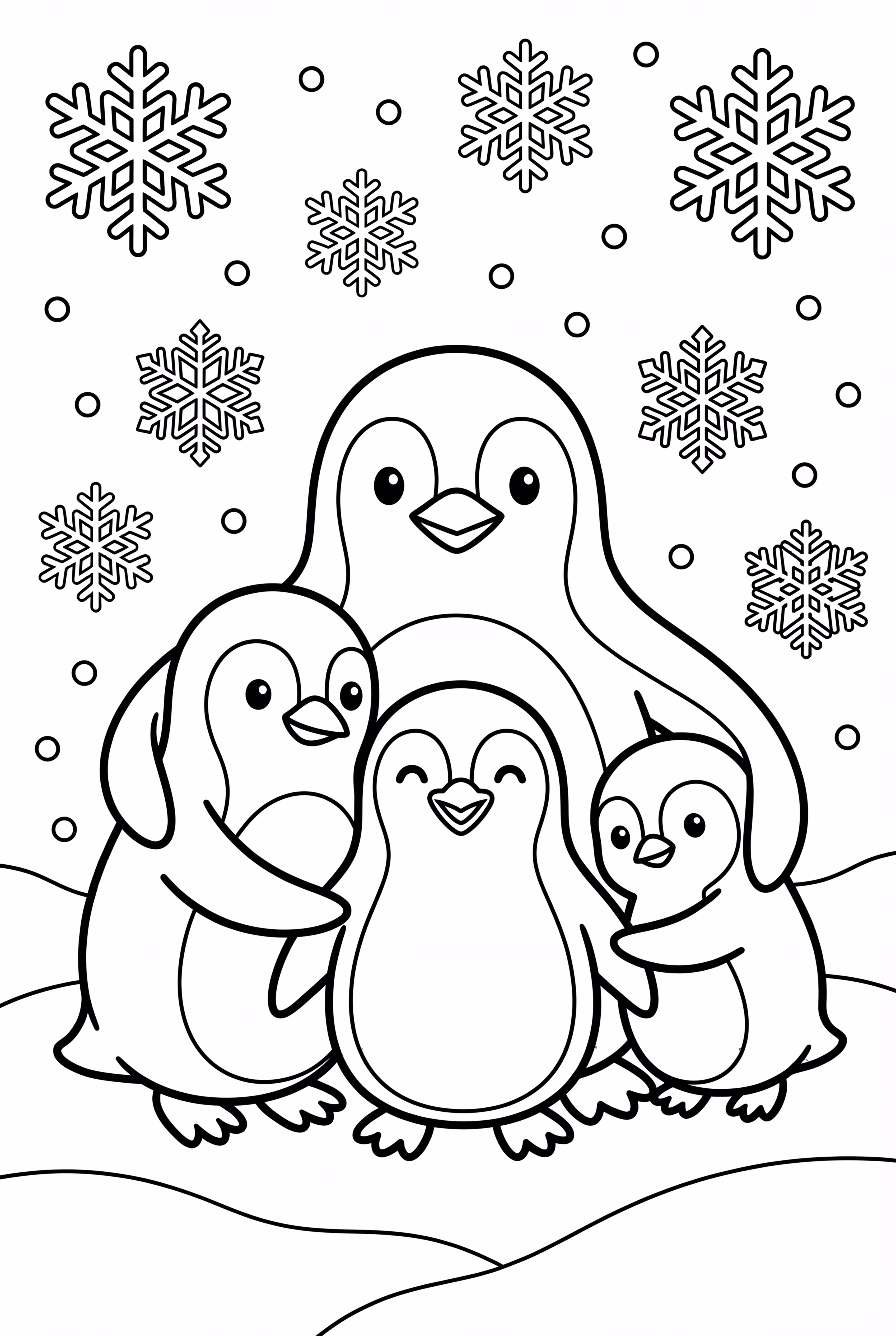 familia de pingüinos abrazándose en una escena nevada