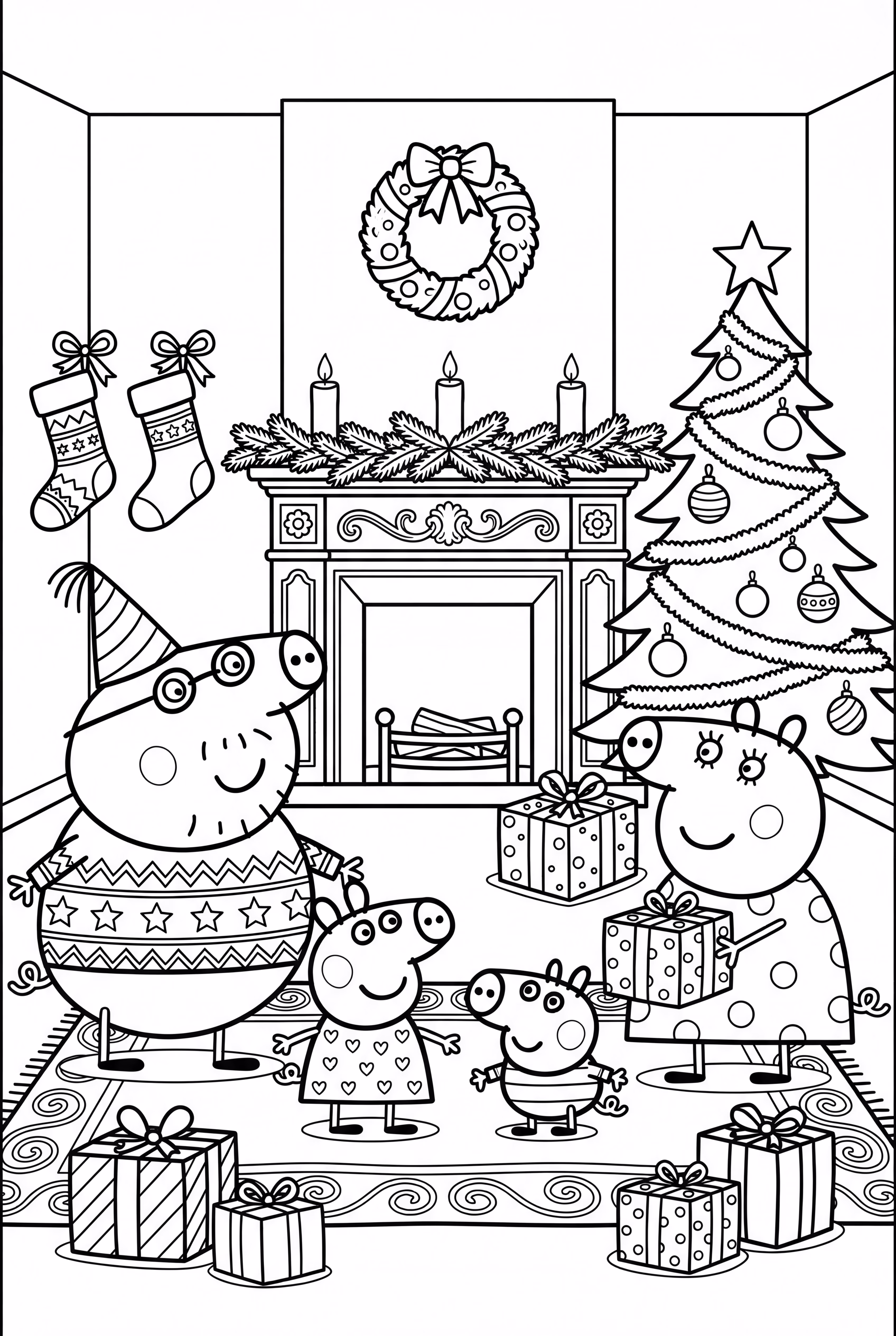 ペッパピッグの家族が暖炉の周りでクリスマスを祝う