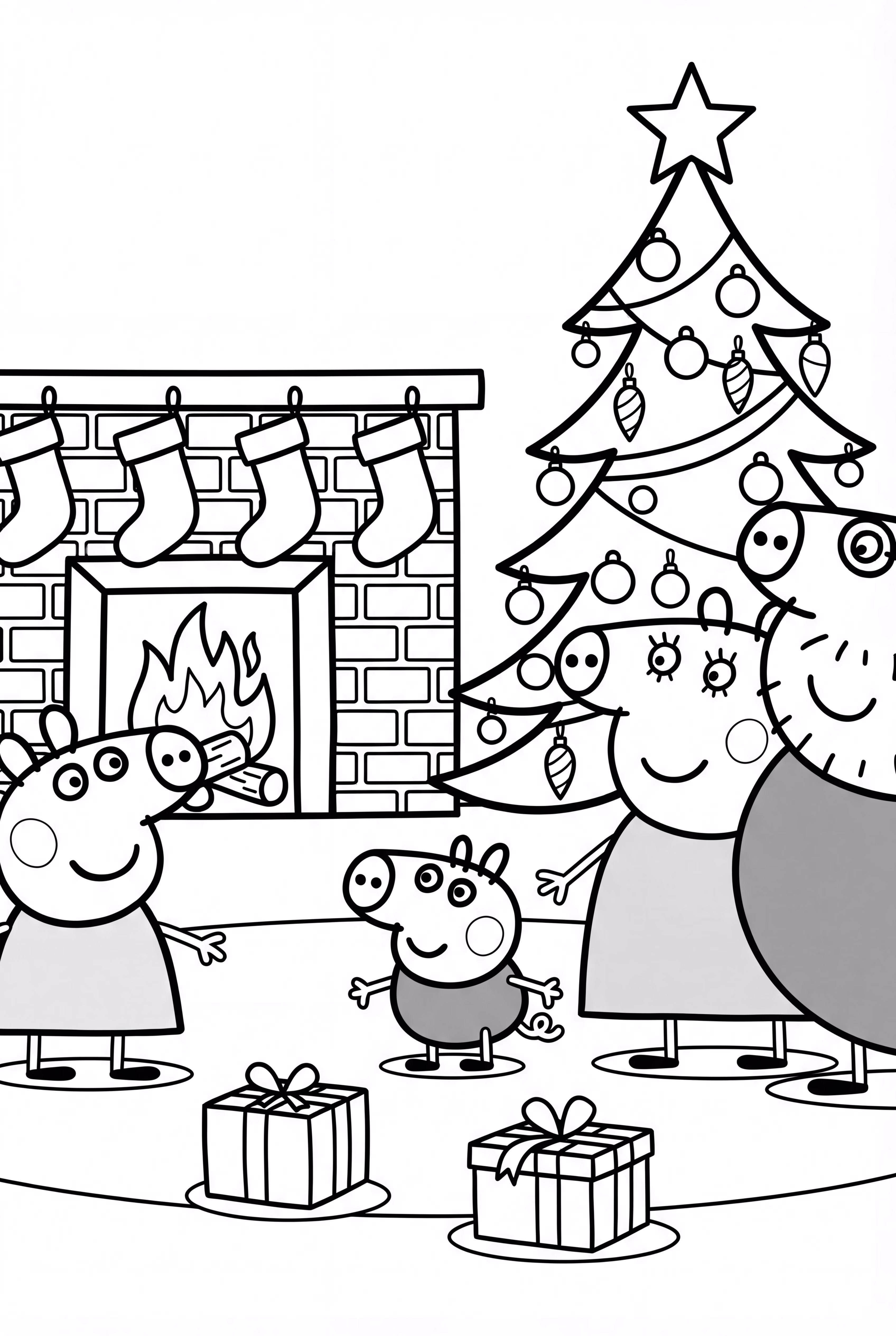 peppa pig family celebrating christmas around the fireplace