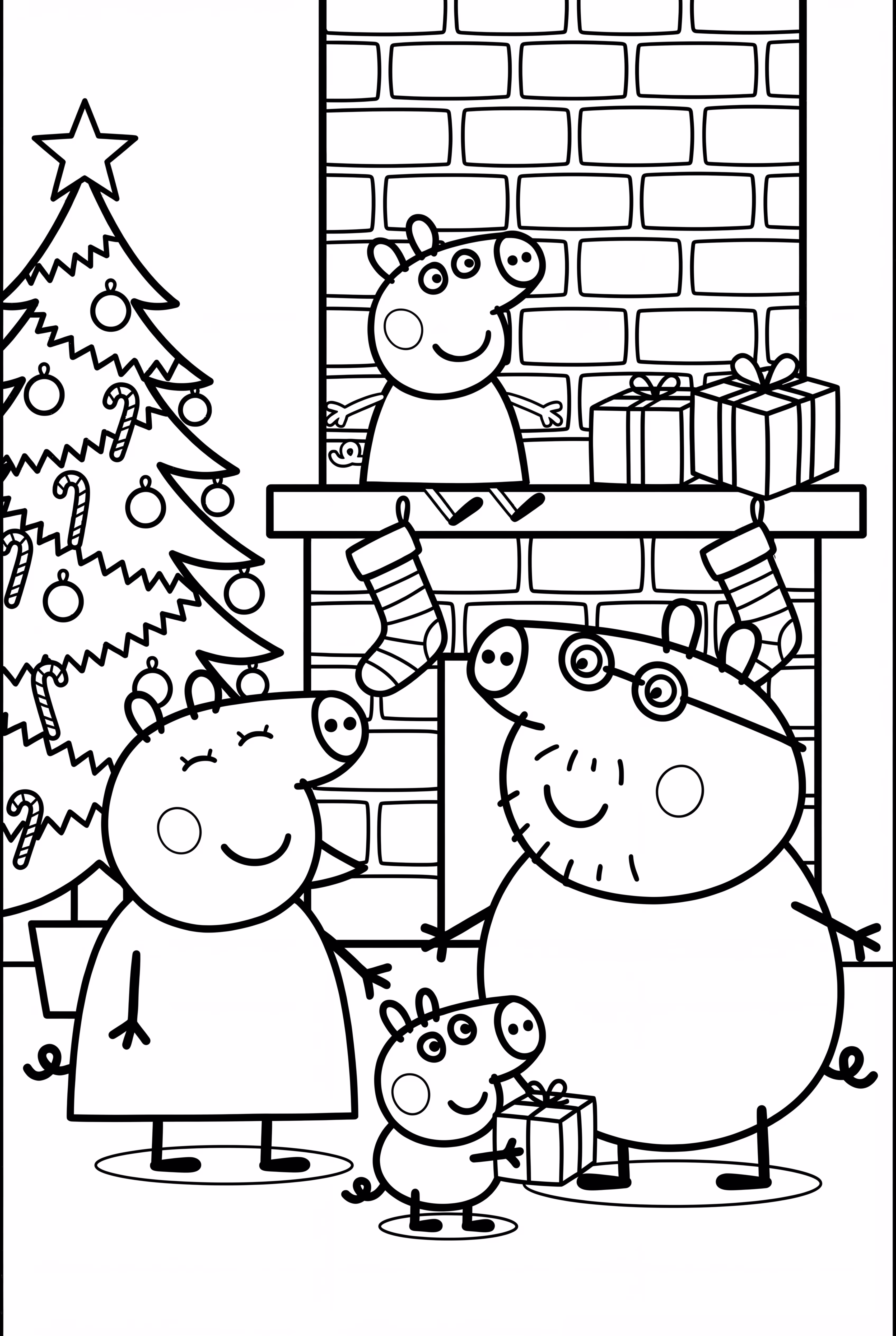 페파 Pig 가족이 벽난로 주변에서 크리스마스를 축하하는 모습