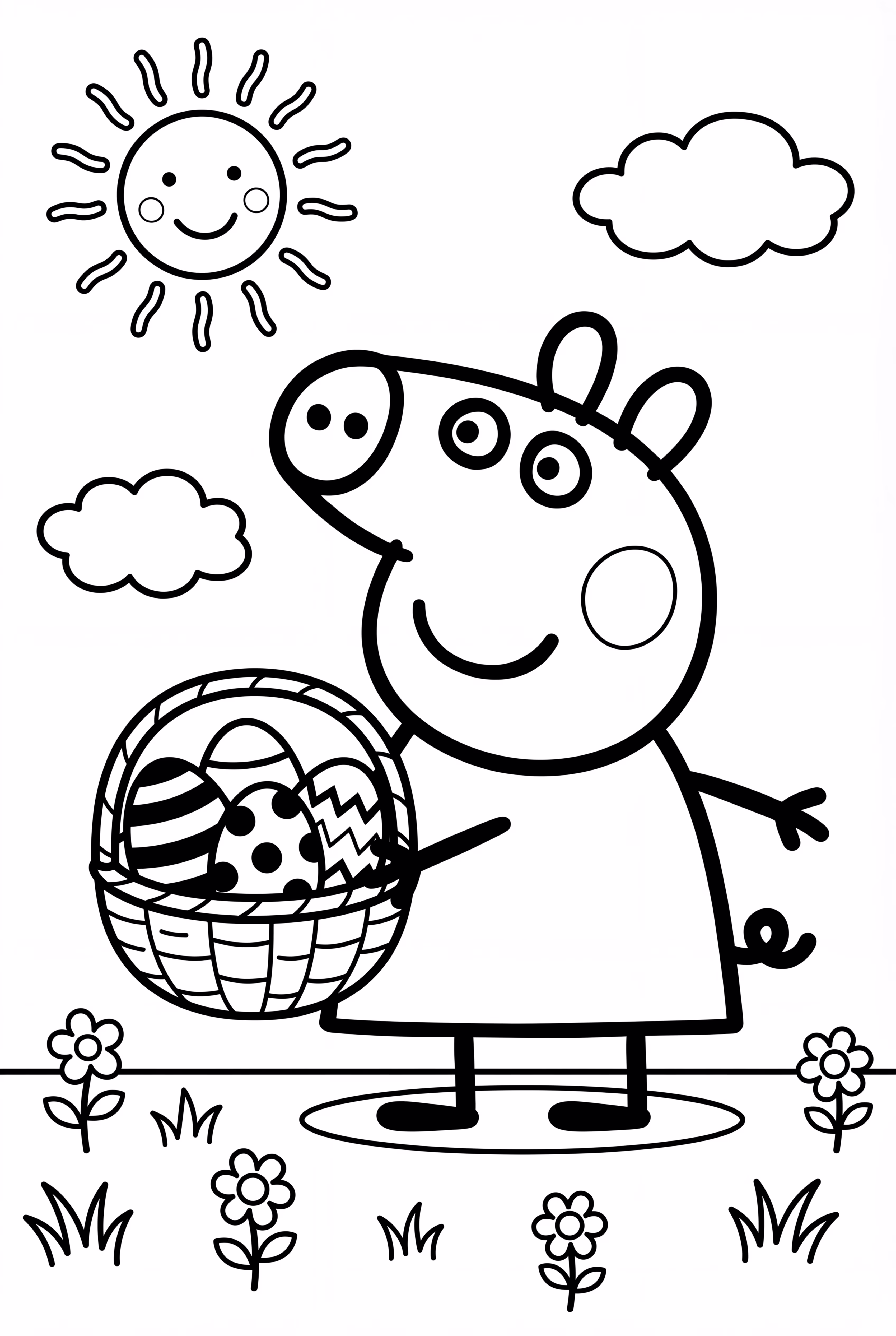 피파 피그가 부활절 달걀 바구니를 들고 있는 모습