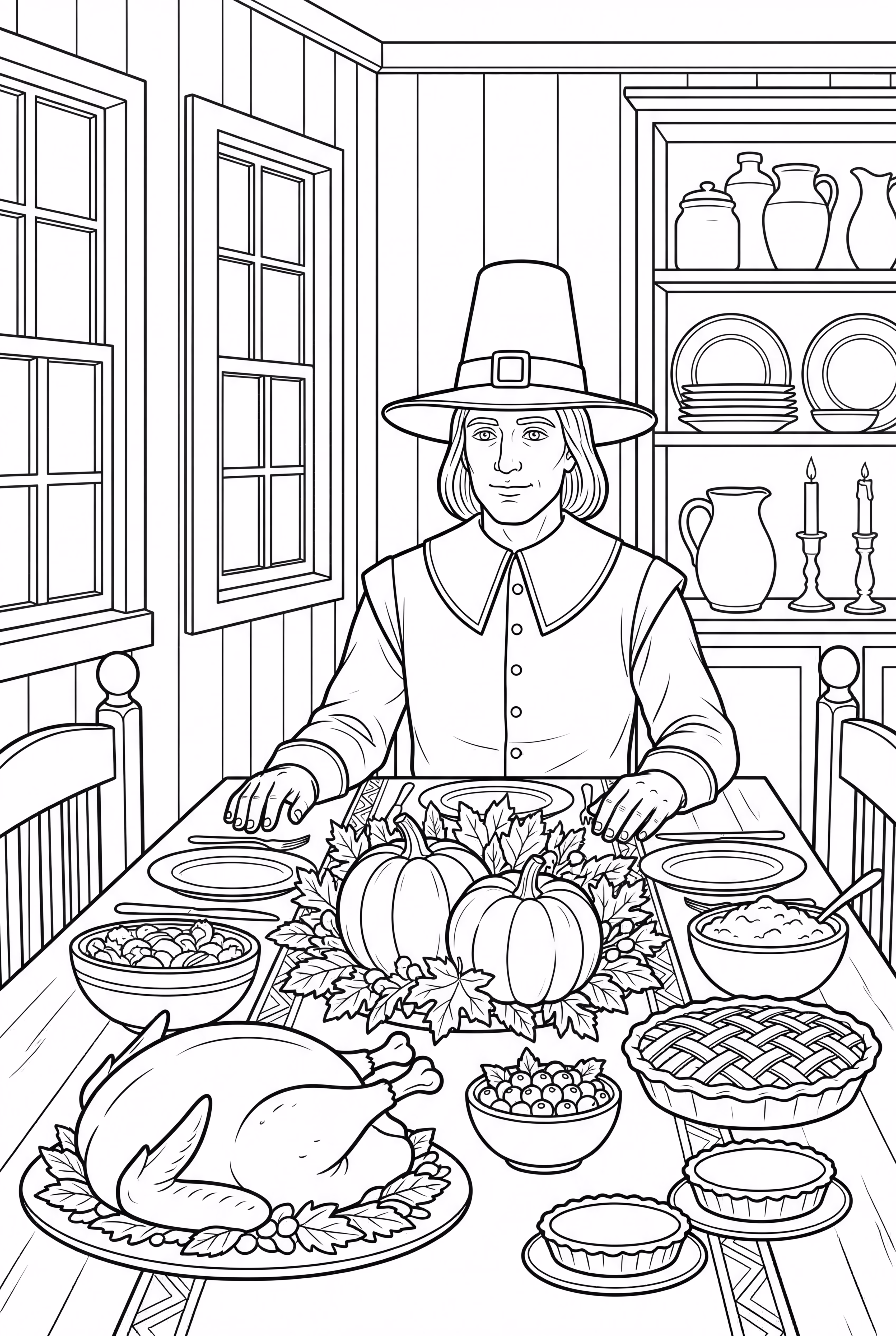 Pèlerin à une table de festin de Thanksgiving