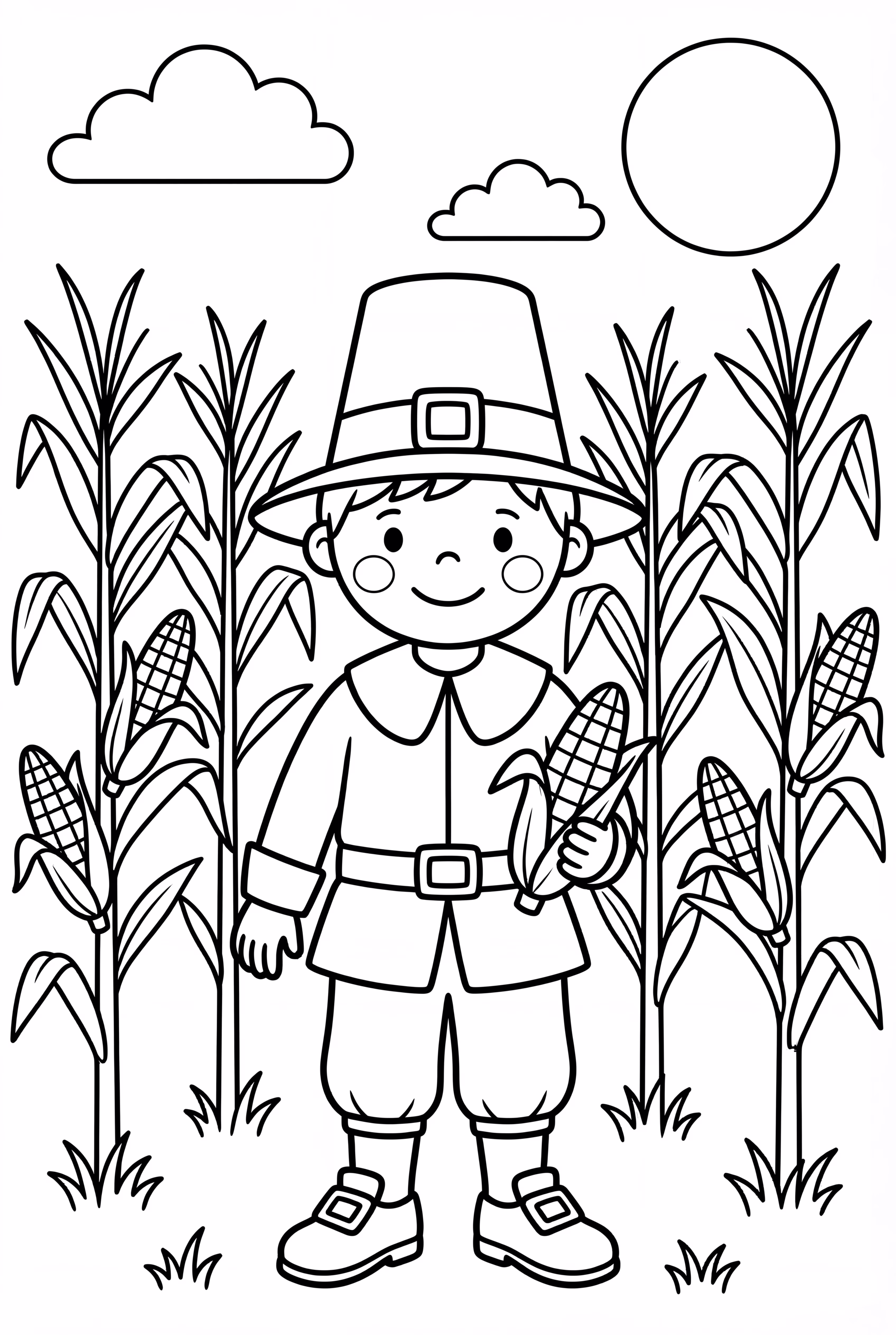 Pilgrim Harvesting Corn In A Field