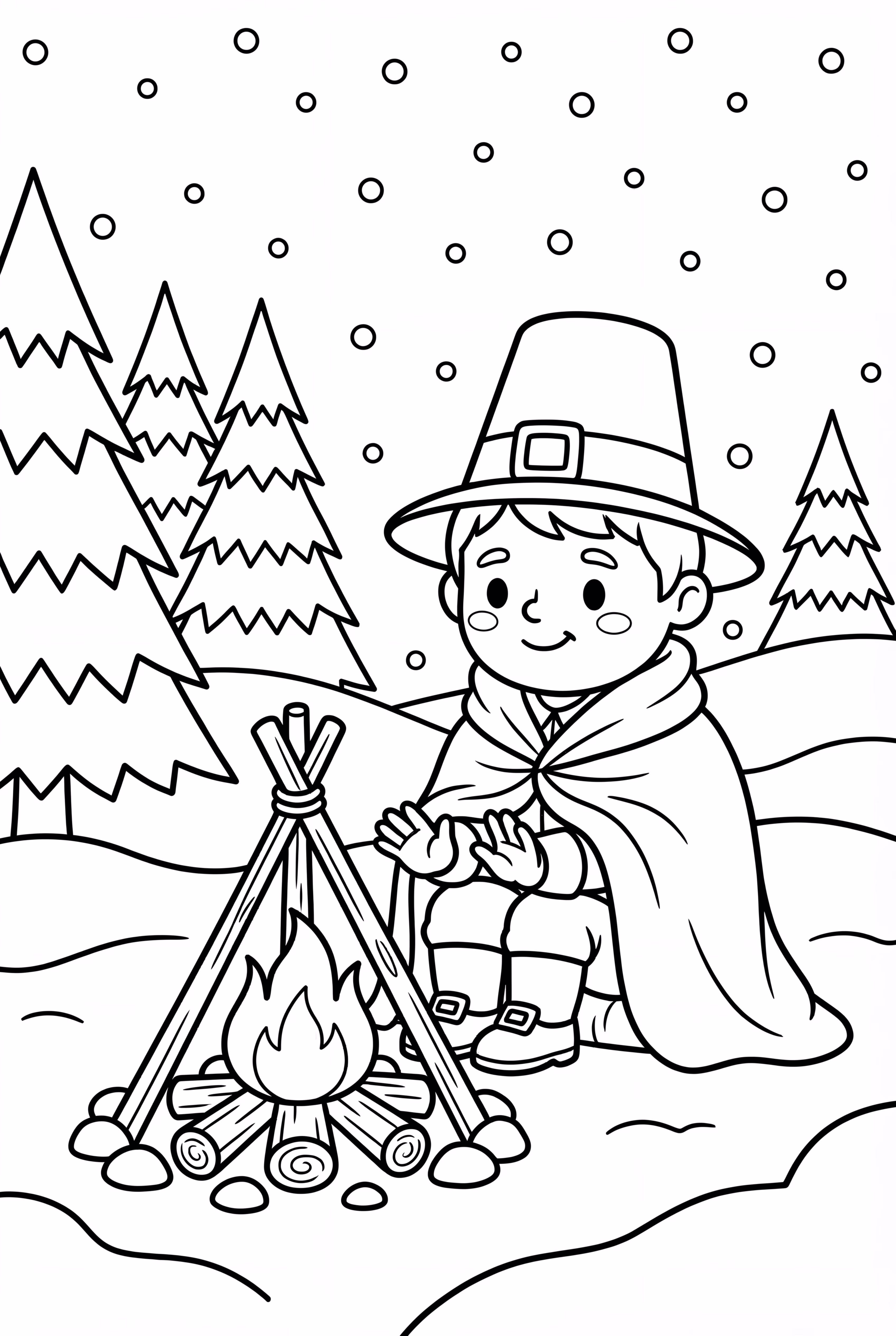 冬の焚き火のそばに寄り添う巡礼者