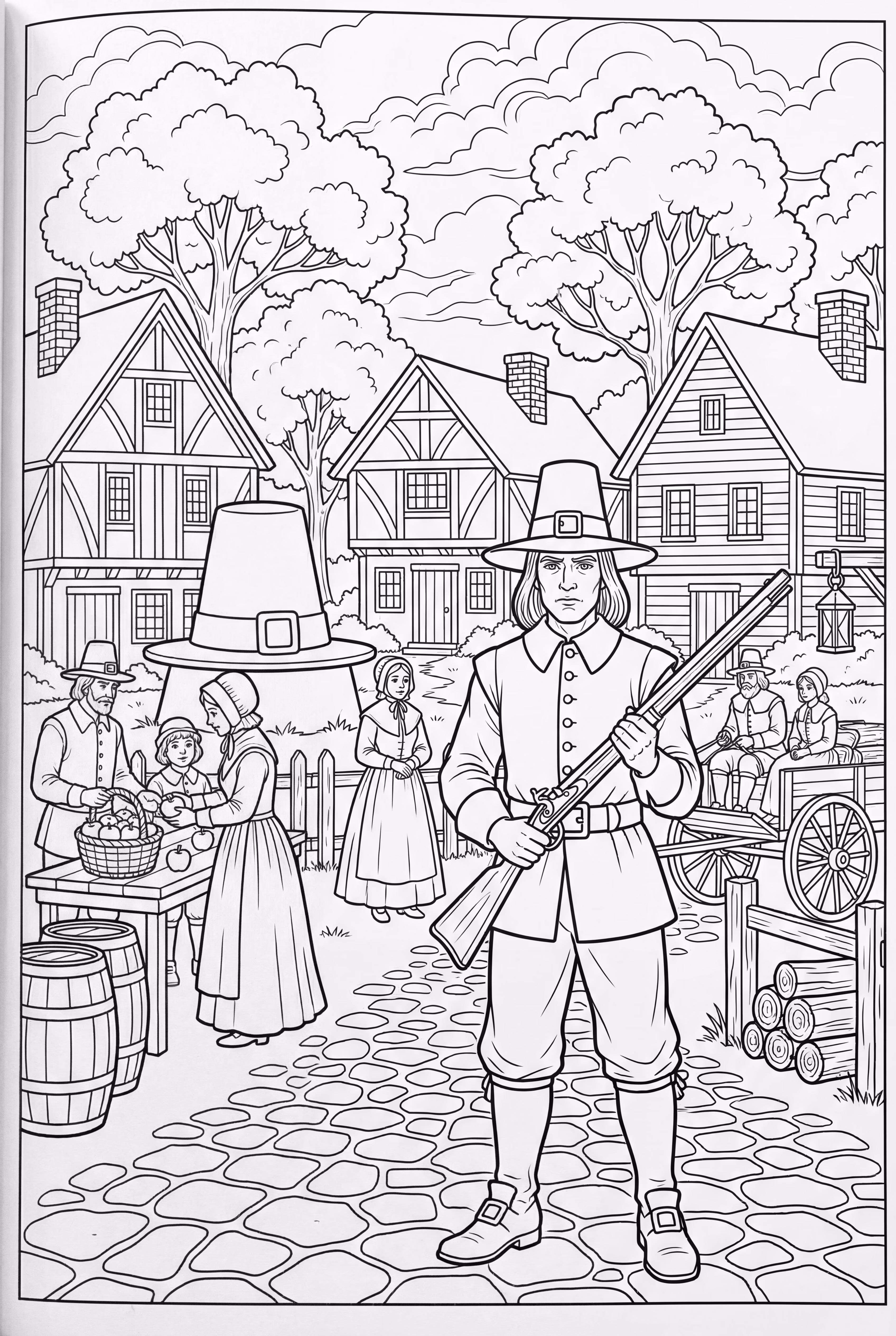 繁忙的普利茅斯村的清教徒