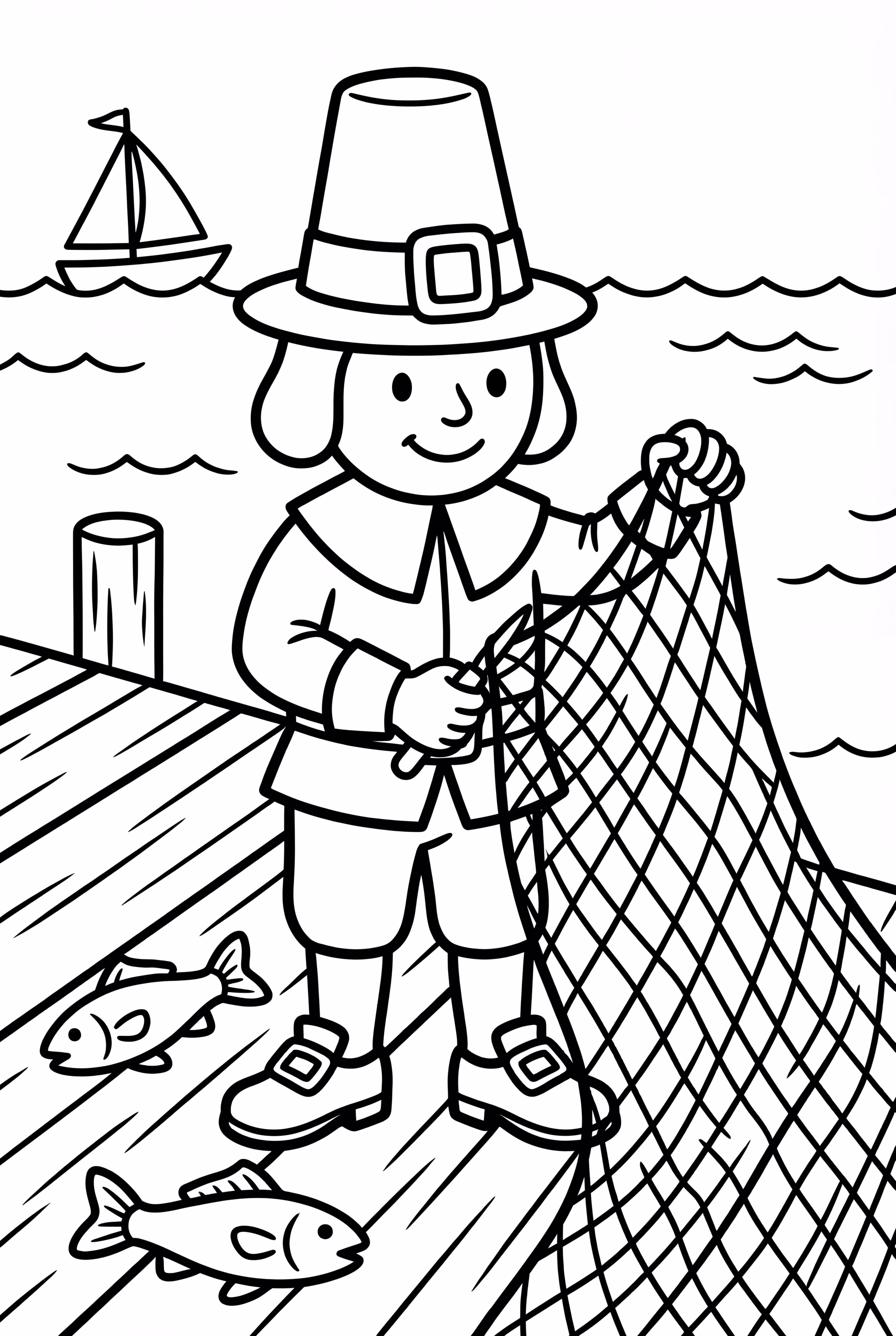 Pilgrim Repairing A Fishing Net