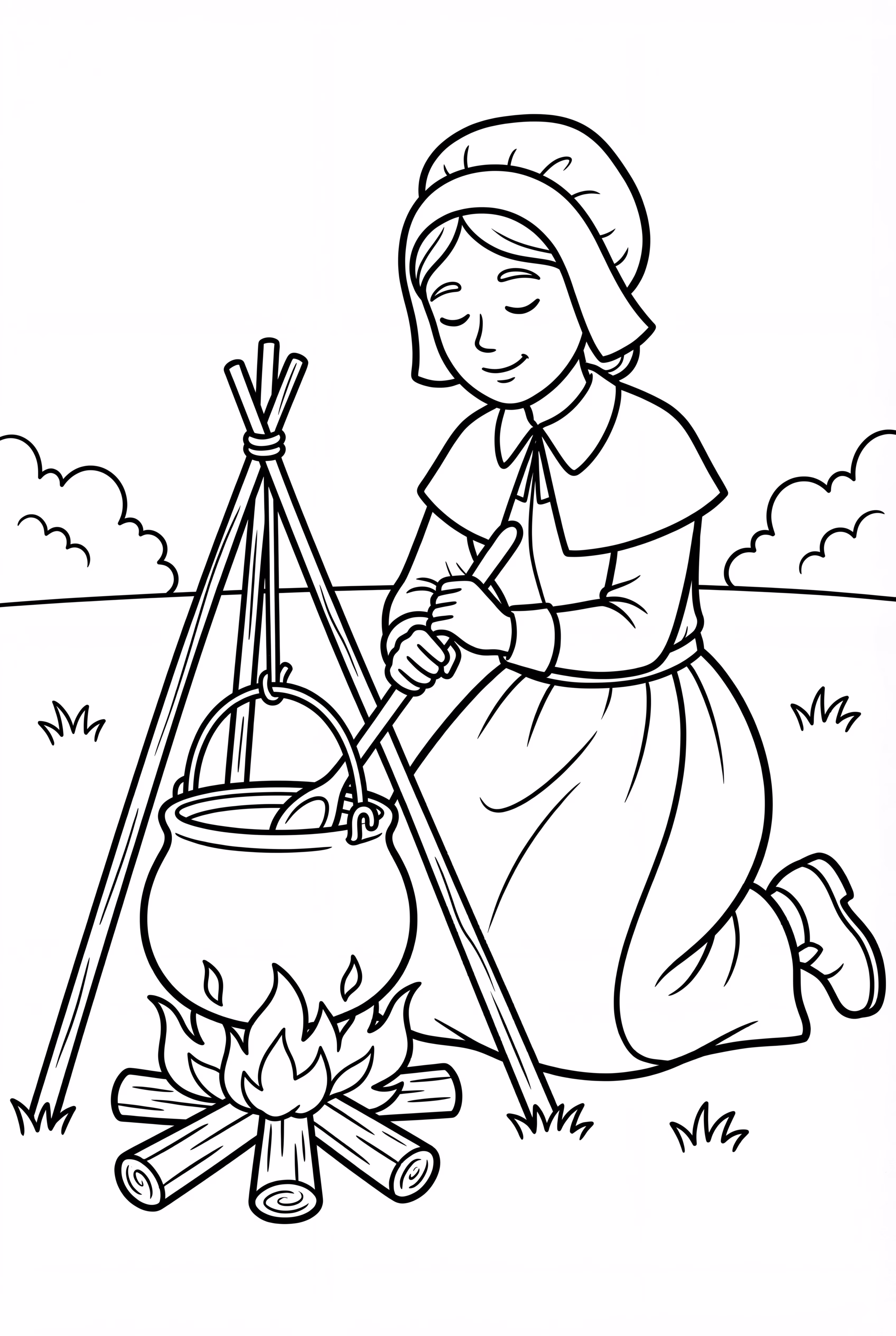 불 위에서 요리하는 필그림 여성