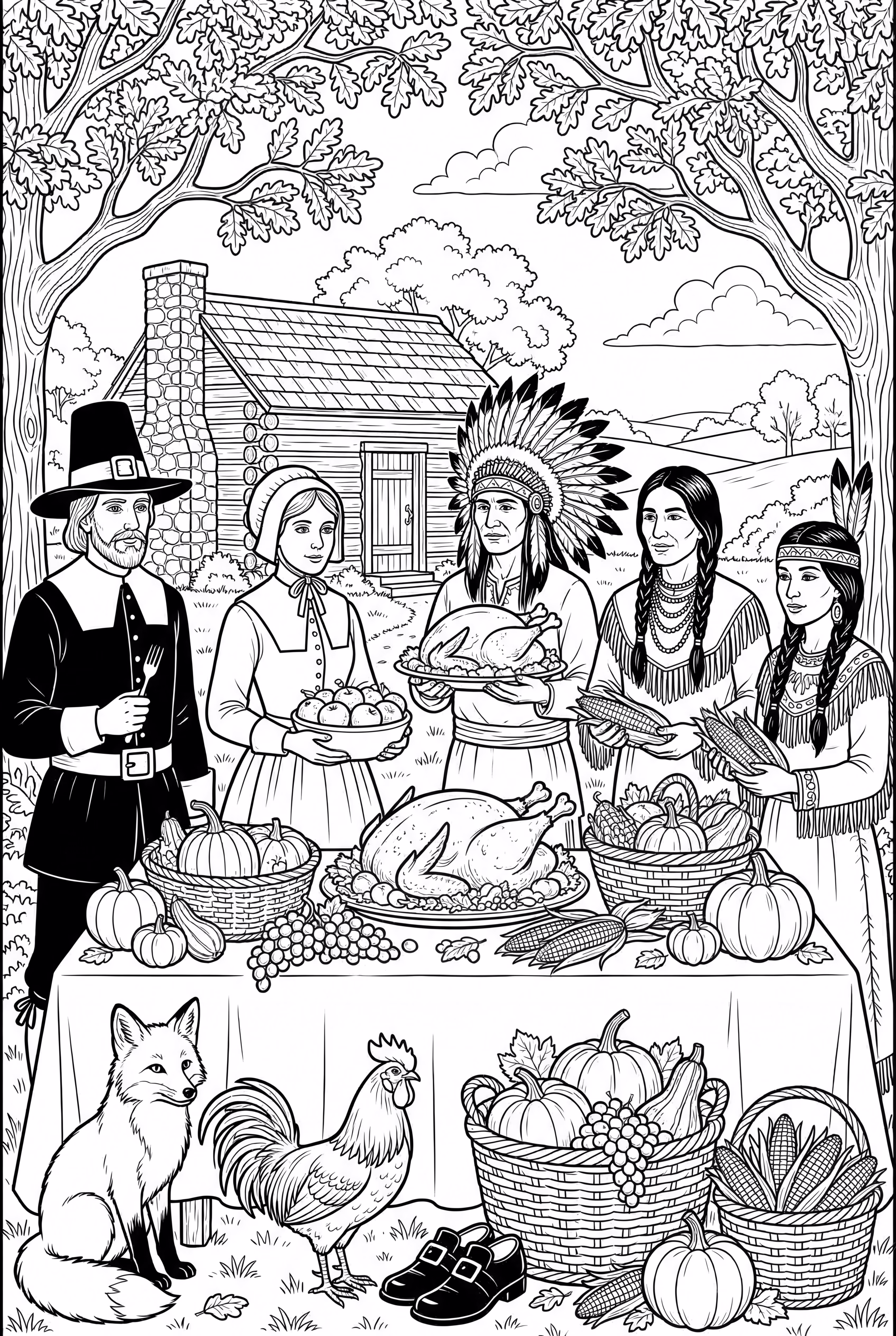 朝圣者和美洲原住民共享感恩节丰收