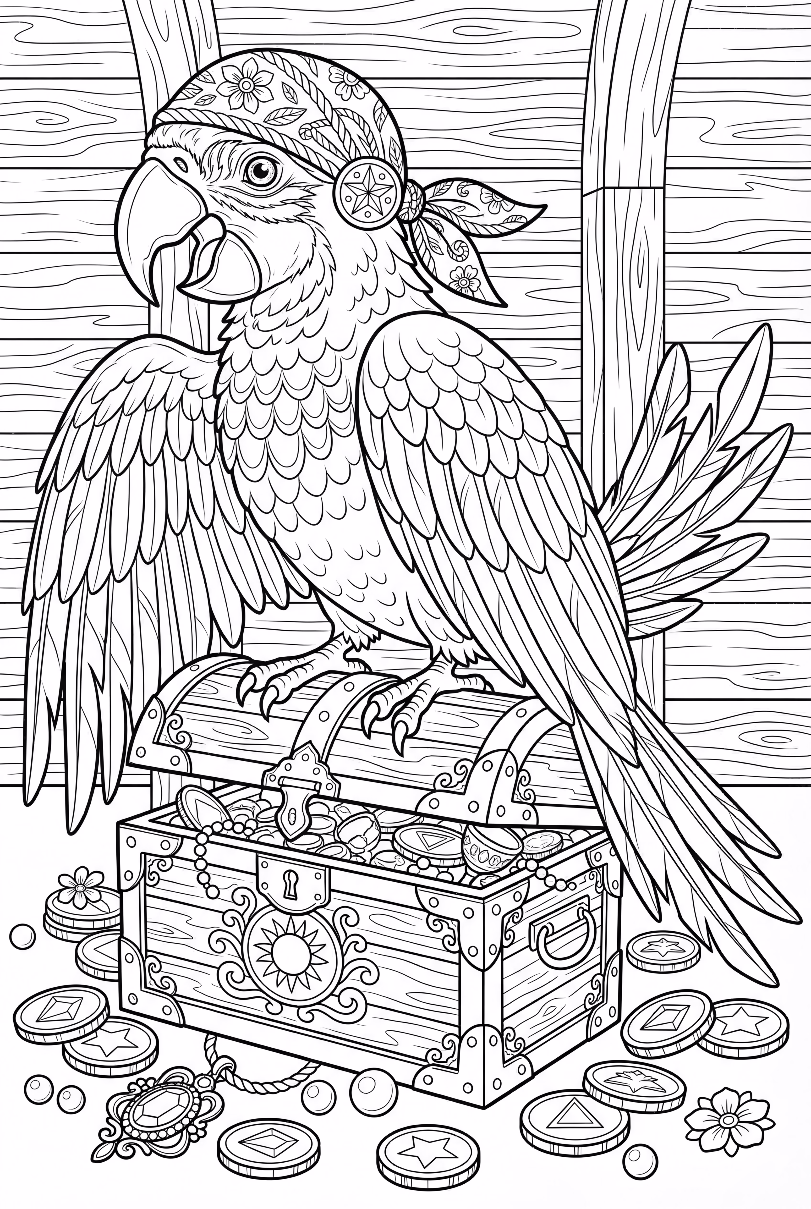 Perroquet de pirate sur un coffre au trésor