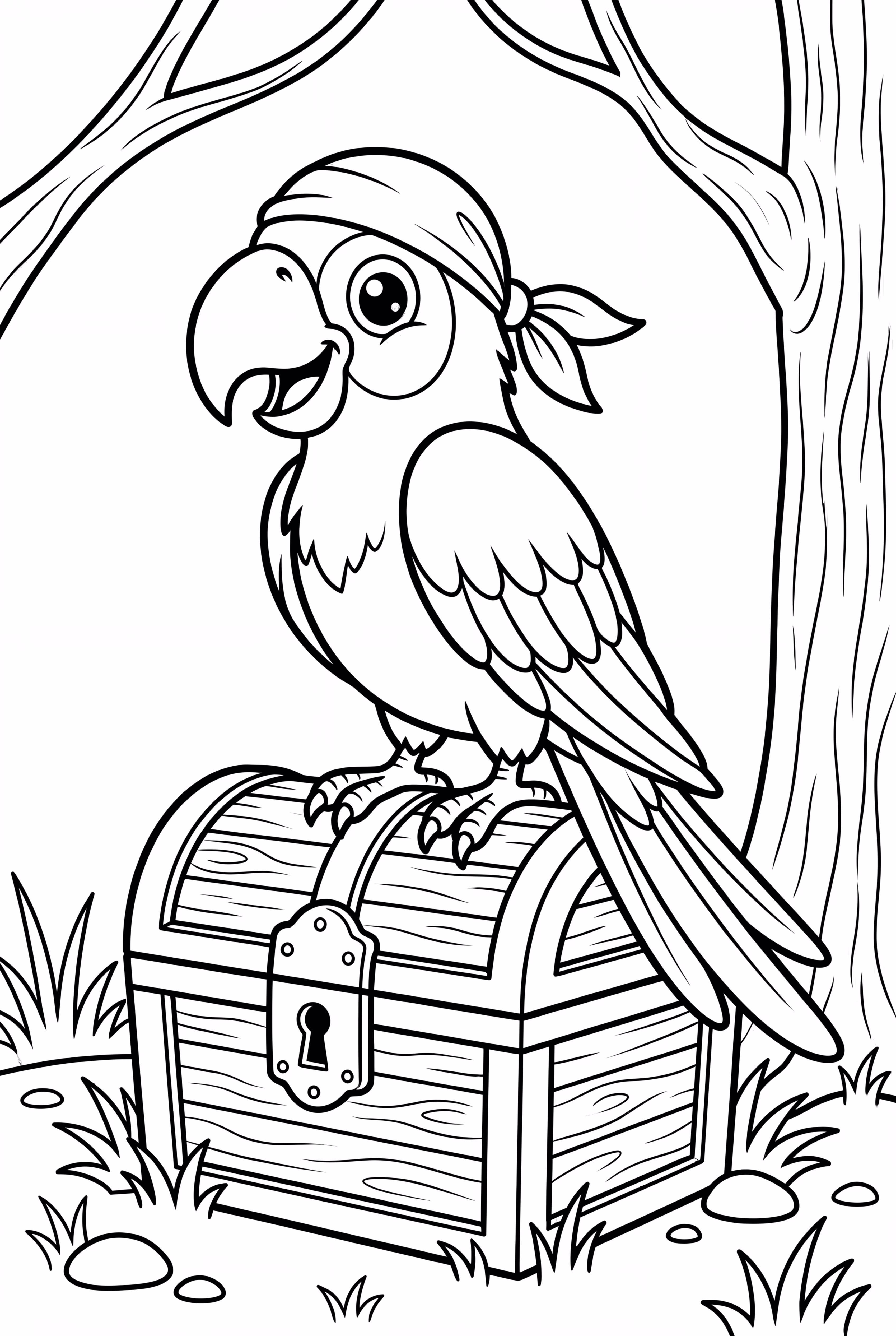 Piratenpapagei auf einer Schatztruhe