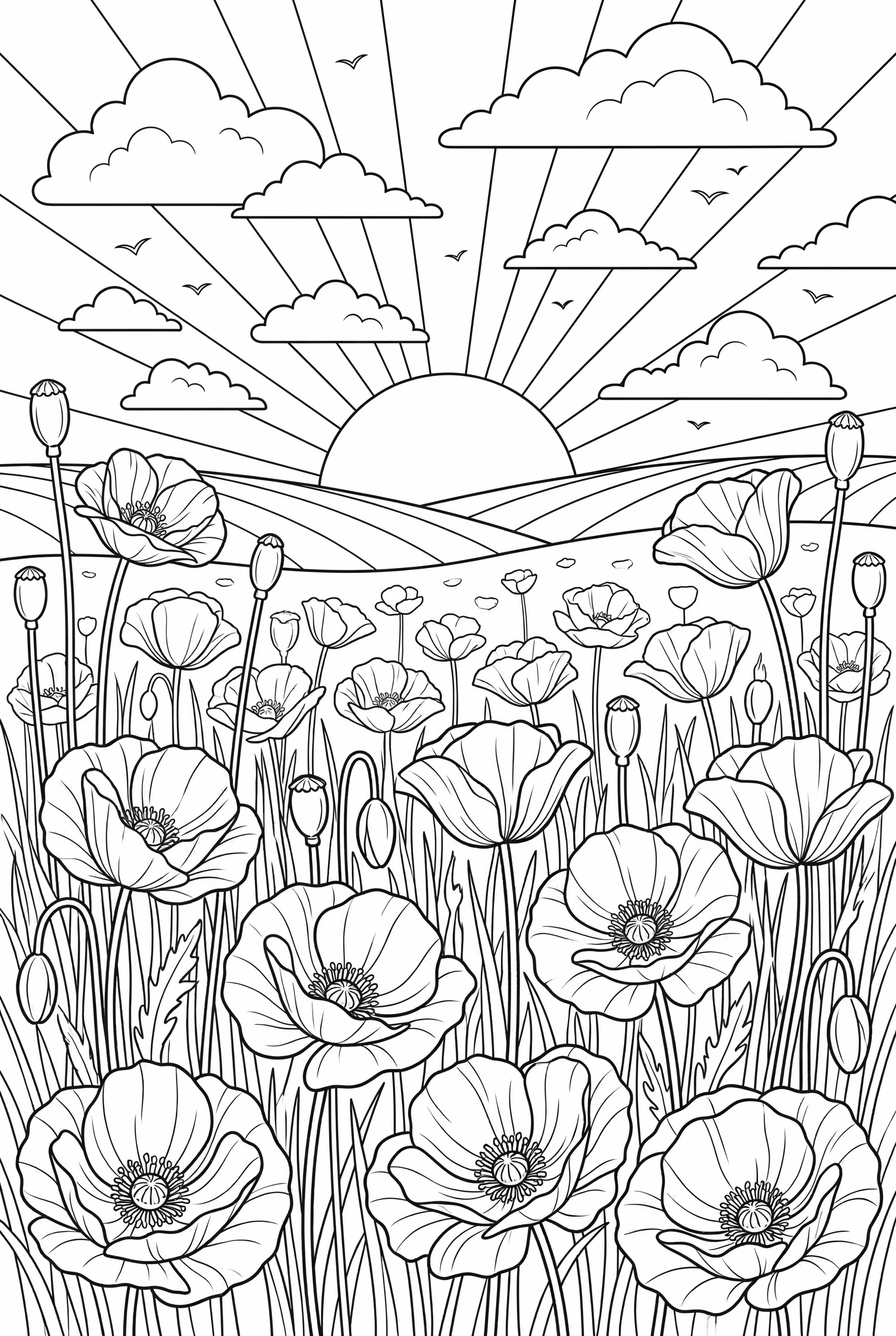 Poppy Flower Field Under A Sunset Sky