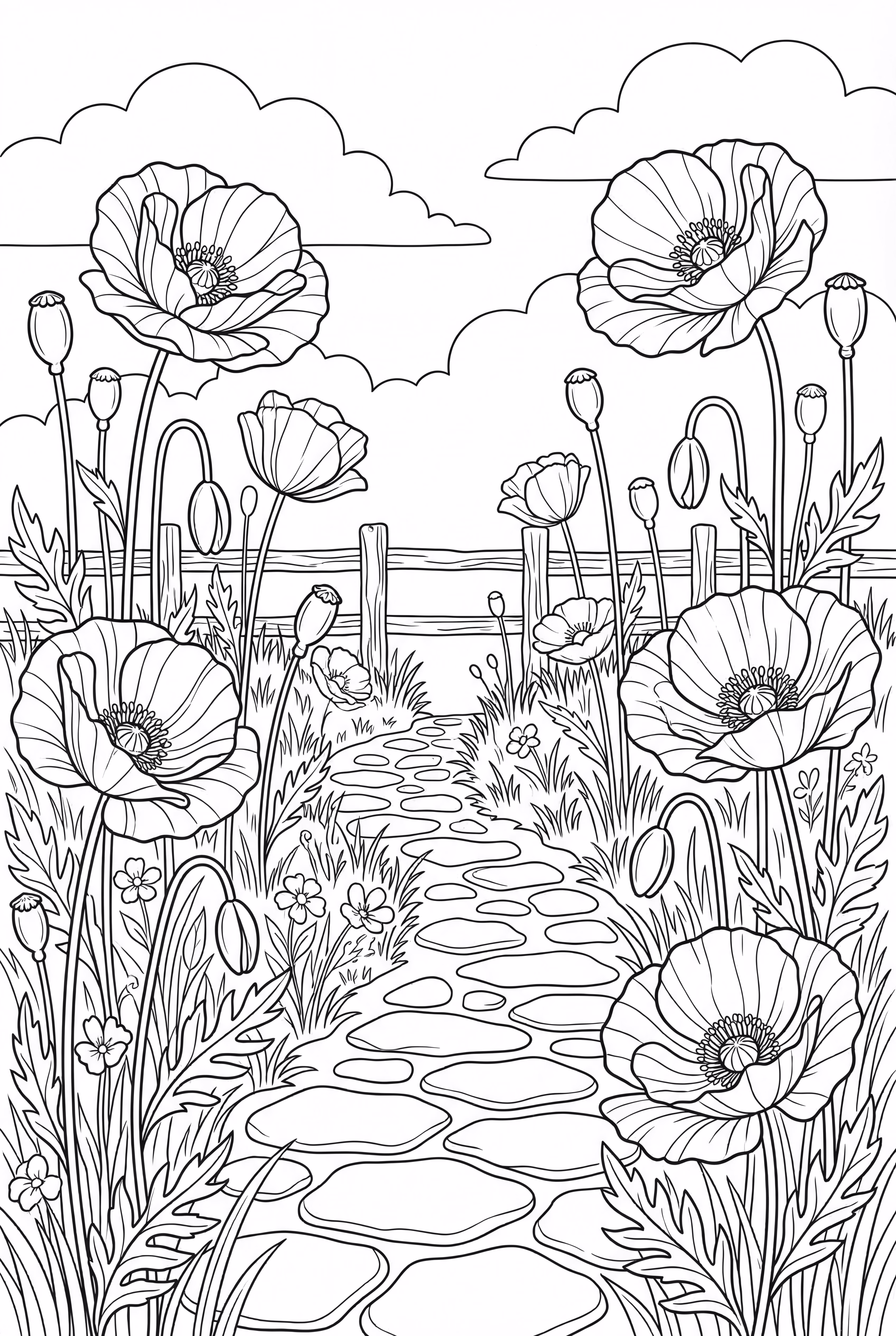 带石子小路的虞美人花园